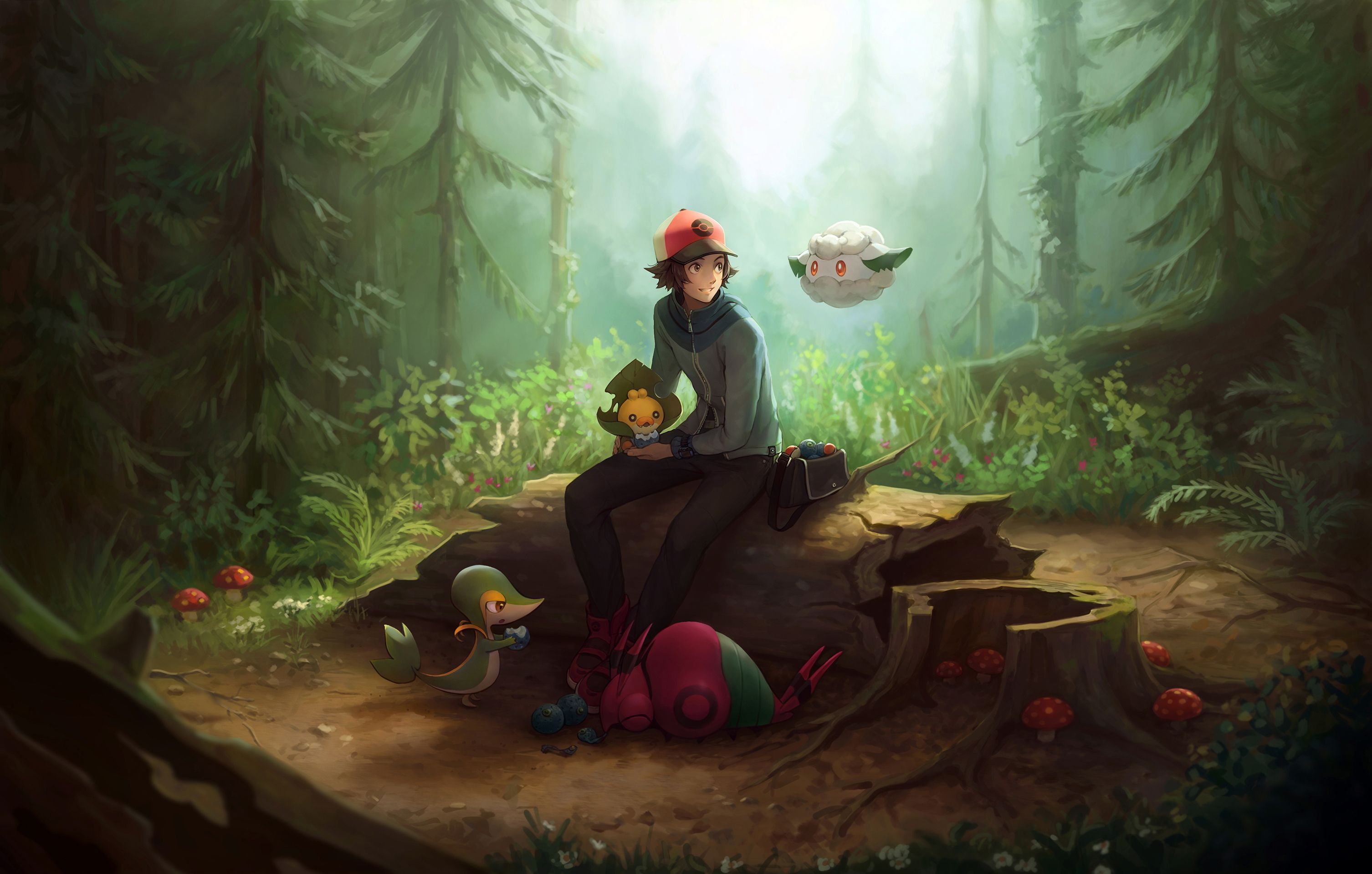 Ash Ketchum, Pokémon, Wald, Digitale Kunst, 2K, Hintergrundbild für den PC
