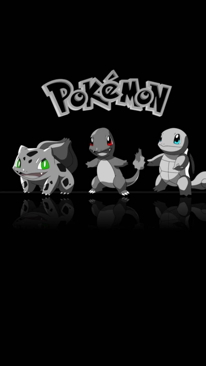 Pokémon-Logo, Bisasam, Glumanda, Schiggy, Schwarzer Hintergrund, Sperrbildschirm fürs iPhone