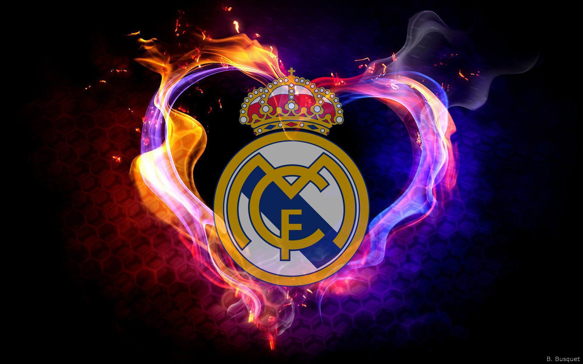Real Madrid, Vereinswappen, Herz, Feuer, Schwarzer Hintergrund, Full HD Wallpaper