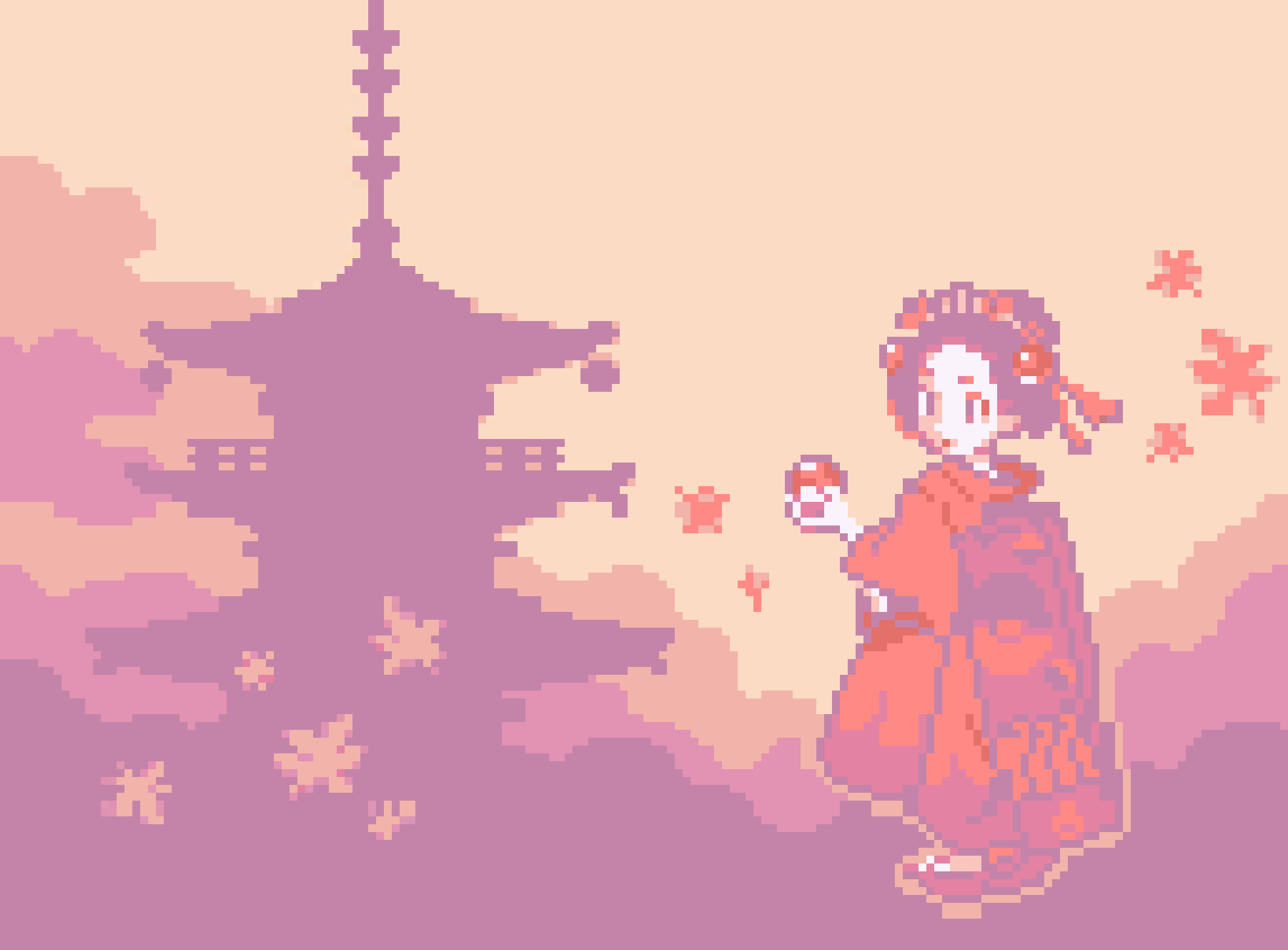 Pokémon, Pixel-Art, Pagode, Kimono, Rosa, Full HD, Desktop-Hintergrund für Windows