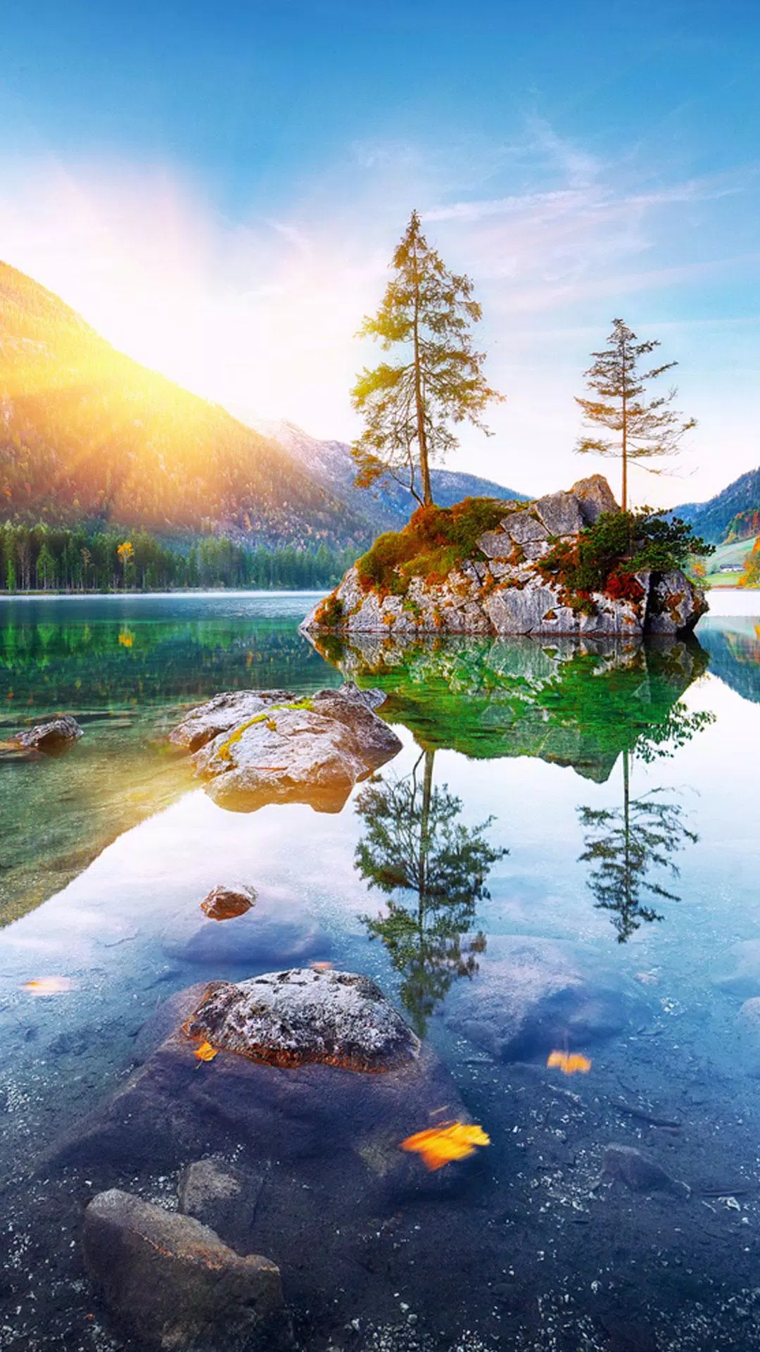 Hintersee, Bayern, Felsinsel, Spiegelung, Sonnenaufgang, Bergsee, Full HD, Handy-Hintergrundbild
