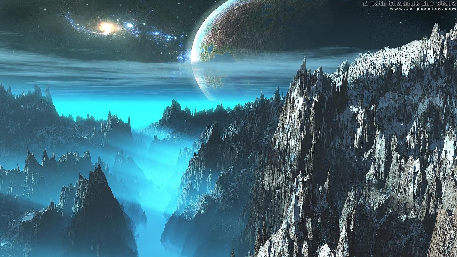 Fantasy-Landschaft, Planet, Felsen, Schlucht, Blau, Digitale Kunst, HD-Hintergrundbild für PC