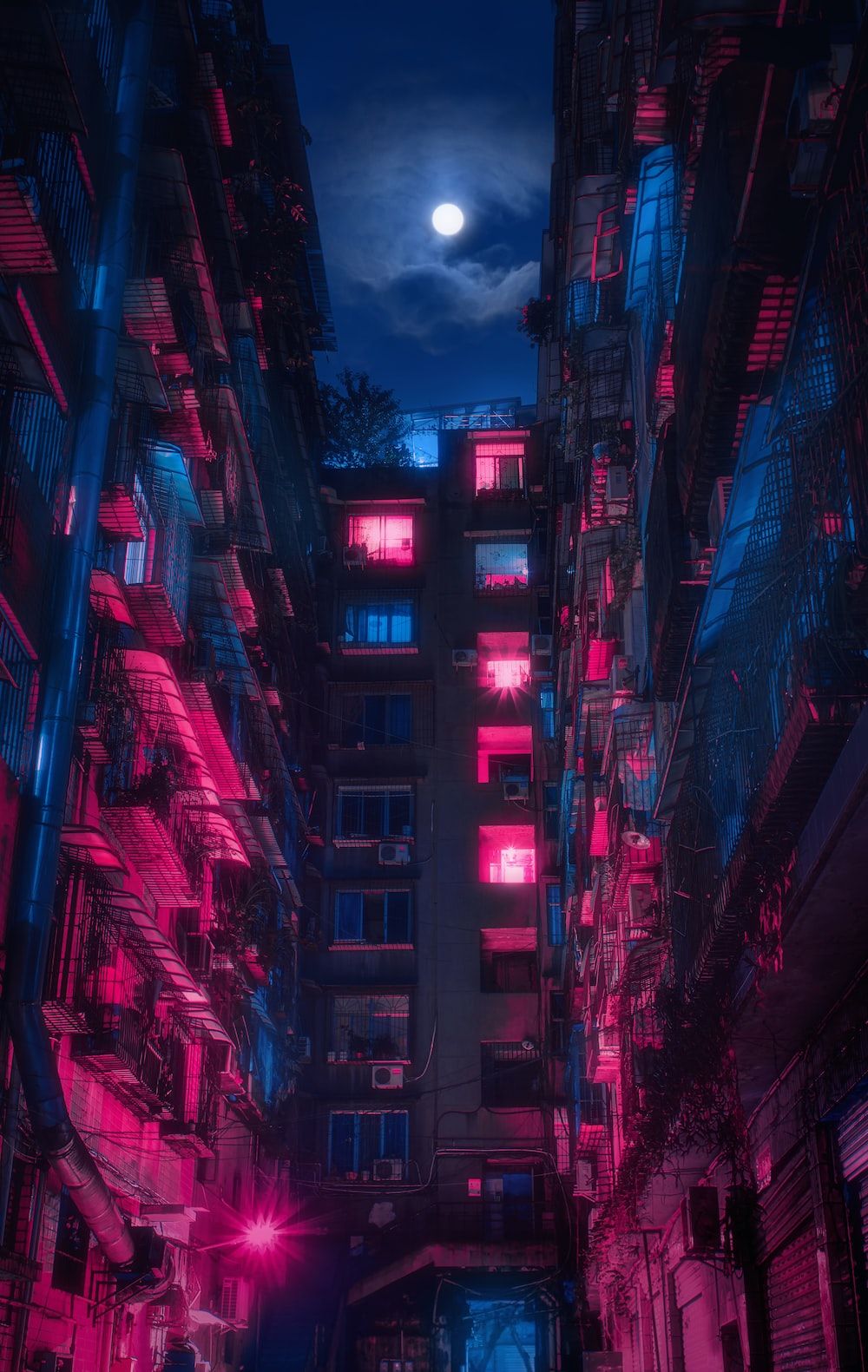 Hochhäuser, Neonlicht, Nacht, Großstadt, Pink und Blau, HD, Hintergrundbild fürs Handy