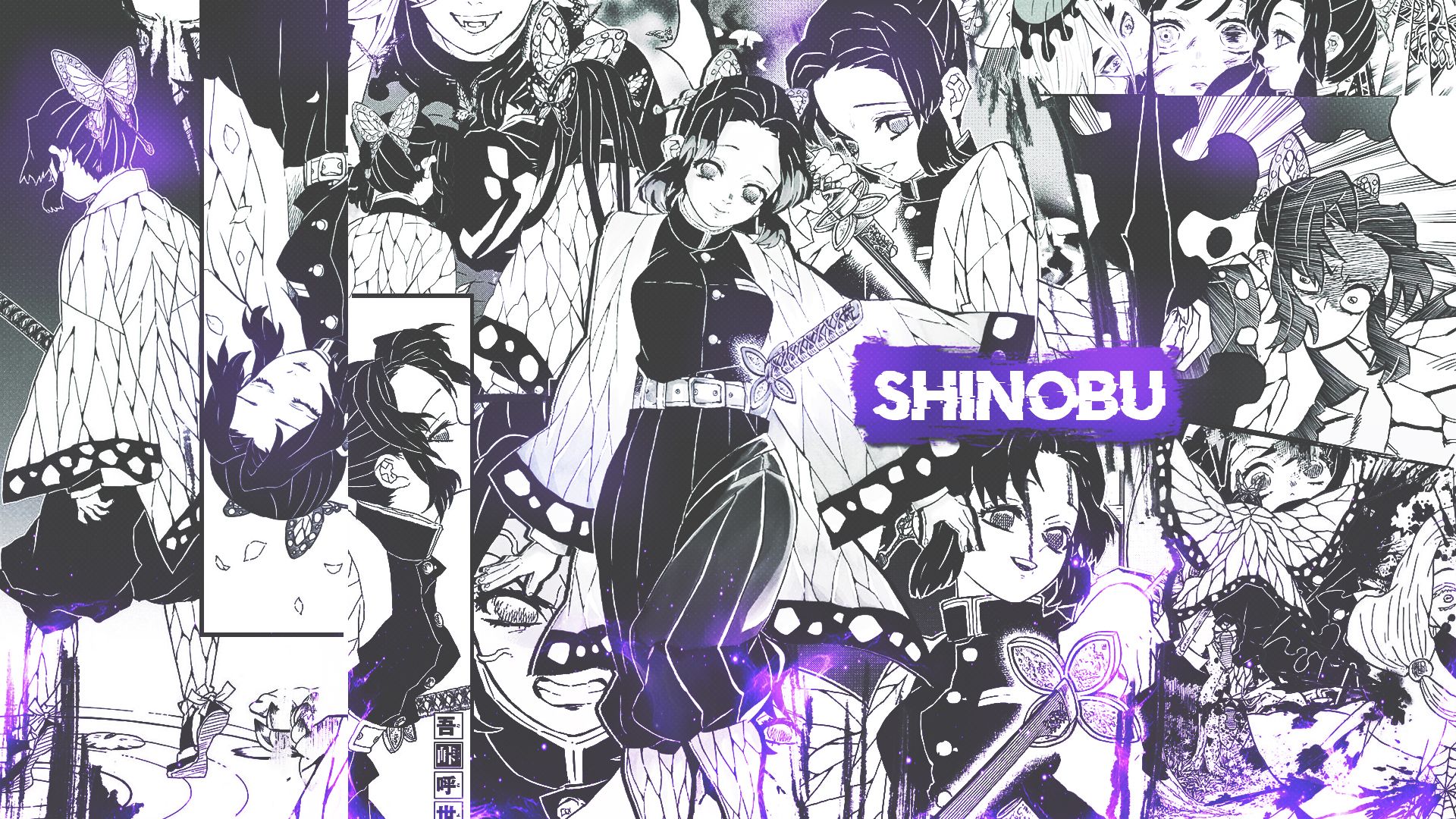 Shinobu Kocho, Demon Slayer, Manga-Collage, Shinobu, Schwarz-Weiß, Lila, 1920x1080, PC-Hintergrundbild