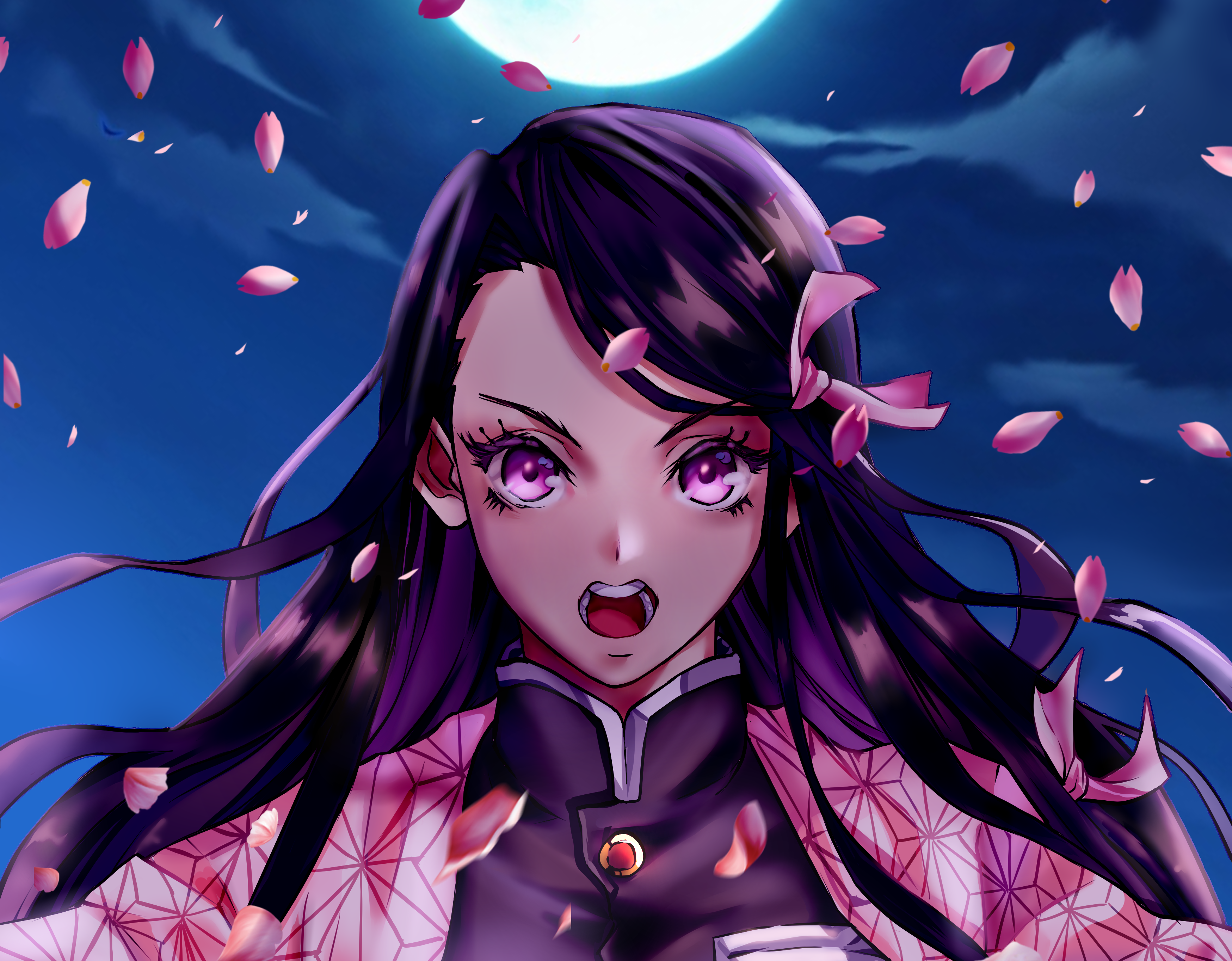 Nezuko Kamado, Demon Slayer, Dämonenform, Mond, Blütenblätter, Nacht, 2K, Windows-Hintergrundbild