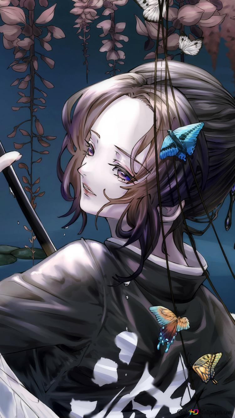 Shinobu Kocho, Demon Slayer, Schmetterling, Profil, Dunkel, 750x1334, Handy-Hintergrund