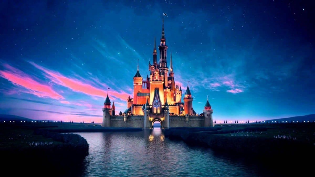 Disney-Schloss, Märchenschloss, Nacht, See, Abendrot, Hintergrundbild