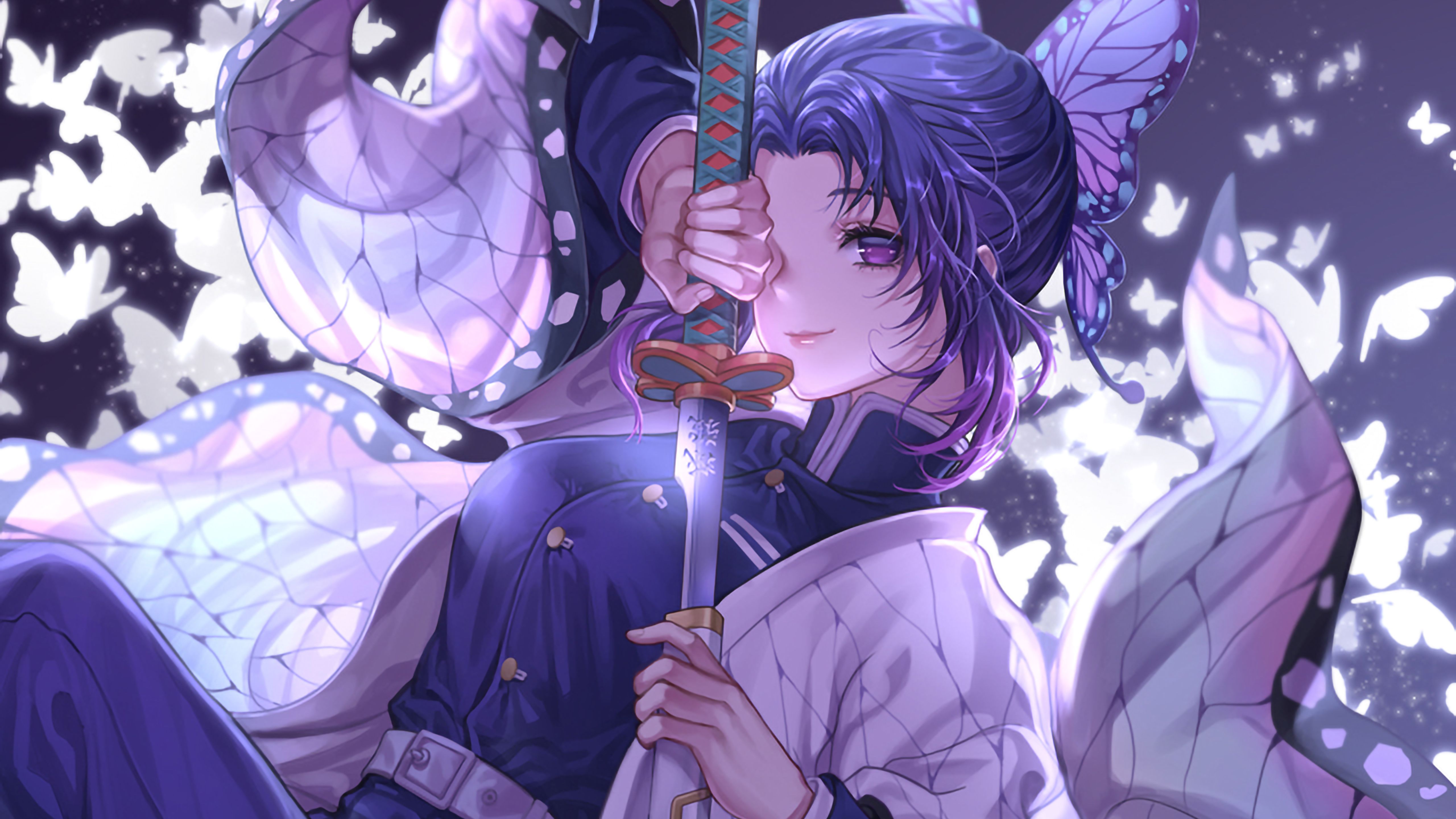 Shinobu Kocho, Demon Slayer, Schmetterlinge, Schwert, Lila, 5K, Laptop-Hintergrundbild