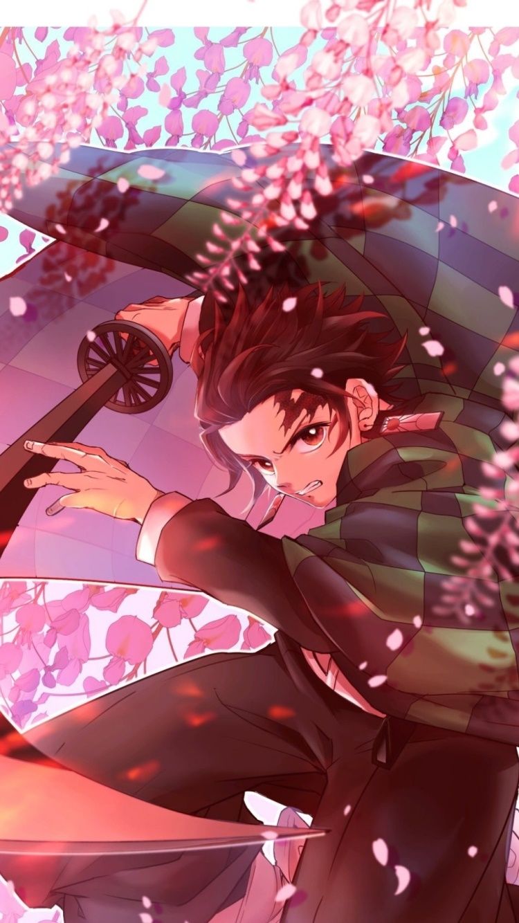 Tanjiro Kamado, Demon Slayer, Kirschblüten, Rosa, Anime, 750x1334, Handy-Hintergrund