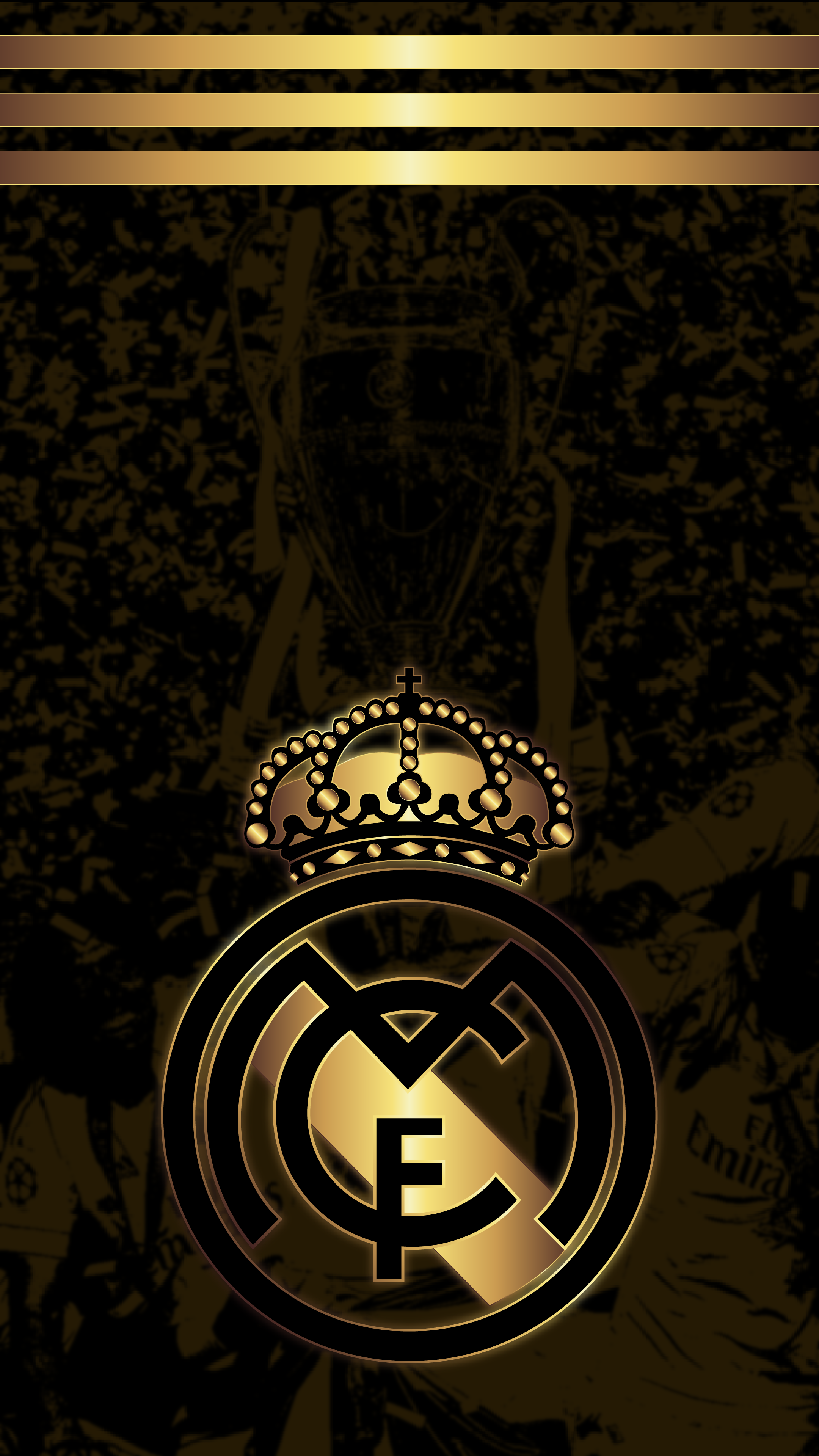 Real Madrid, Goldenes Wappen, Goldene Streifen, Dunkel, Hintergrundbild für iPhone und Android