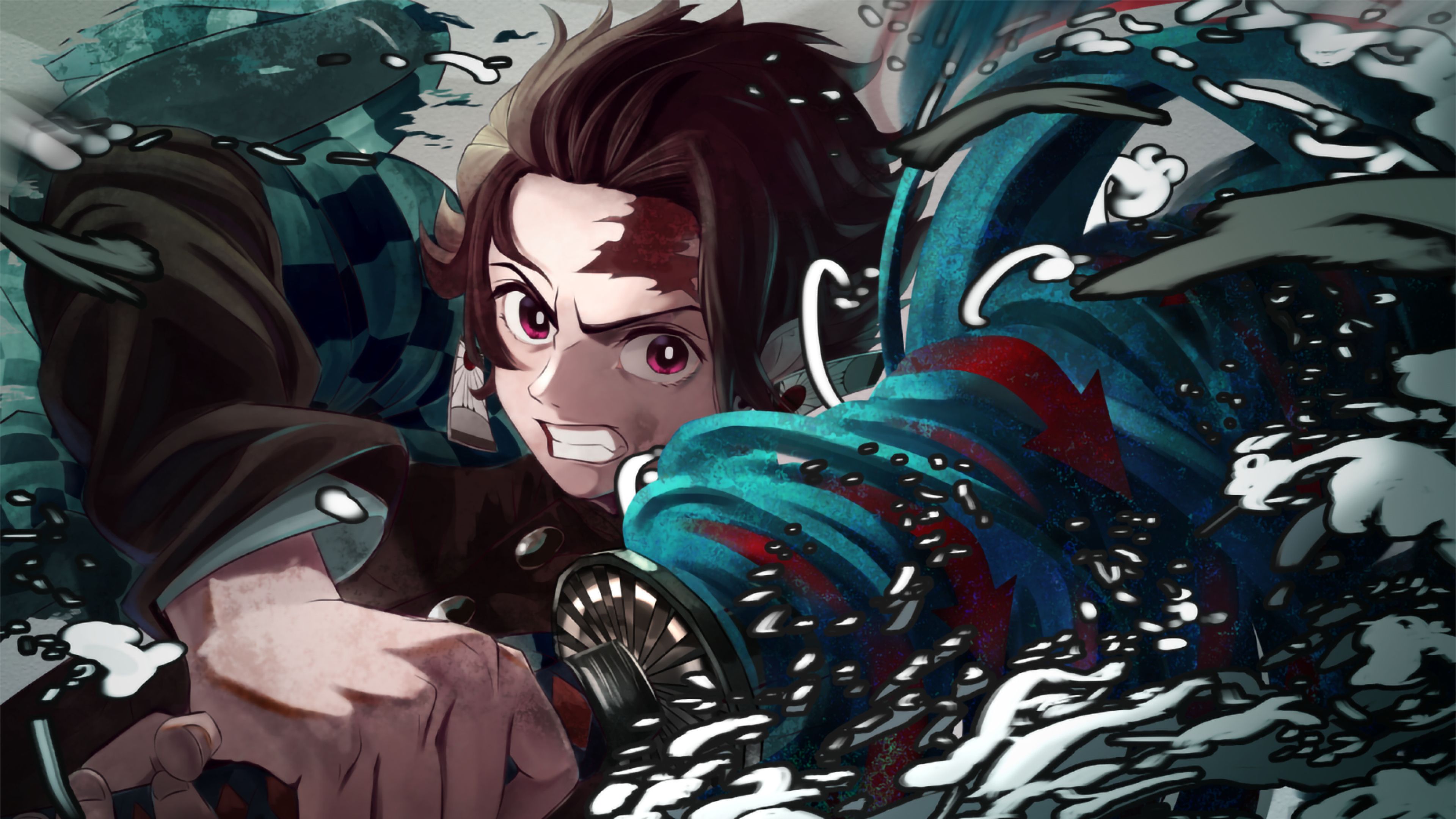 Tanjiro Kamado, Demon Slayer, Wasseratmung, Schwert, Wellen, Ukiyo-e-Stil, 3840x2160, PC-Hintergrundbild