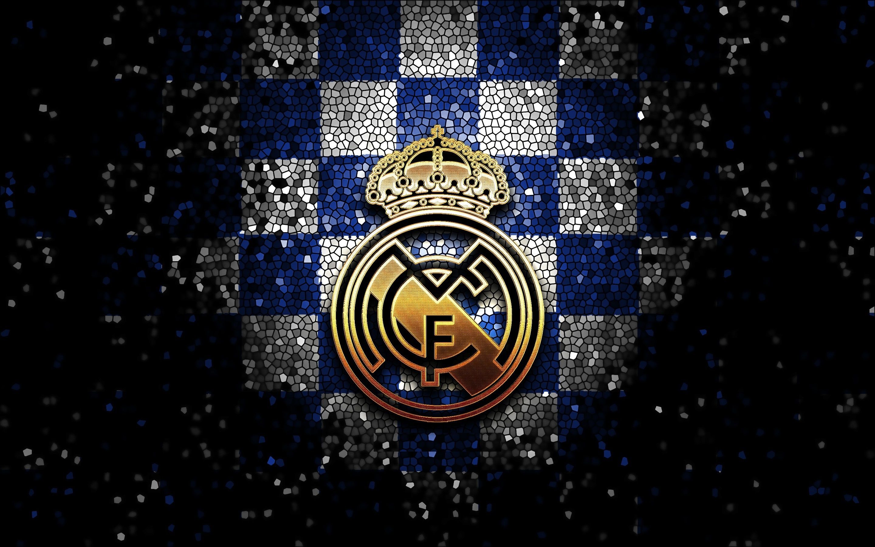 Real Madrid, Goldenes Wappen, Karomuster, Glitzer, 2K, Hintergrund für den Desktop