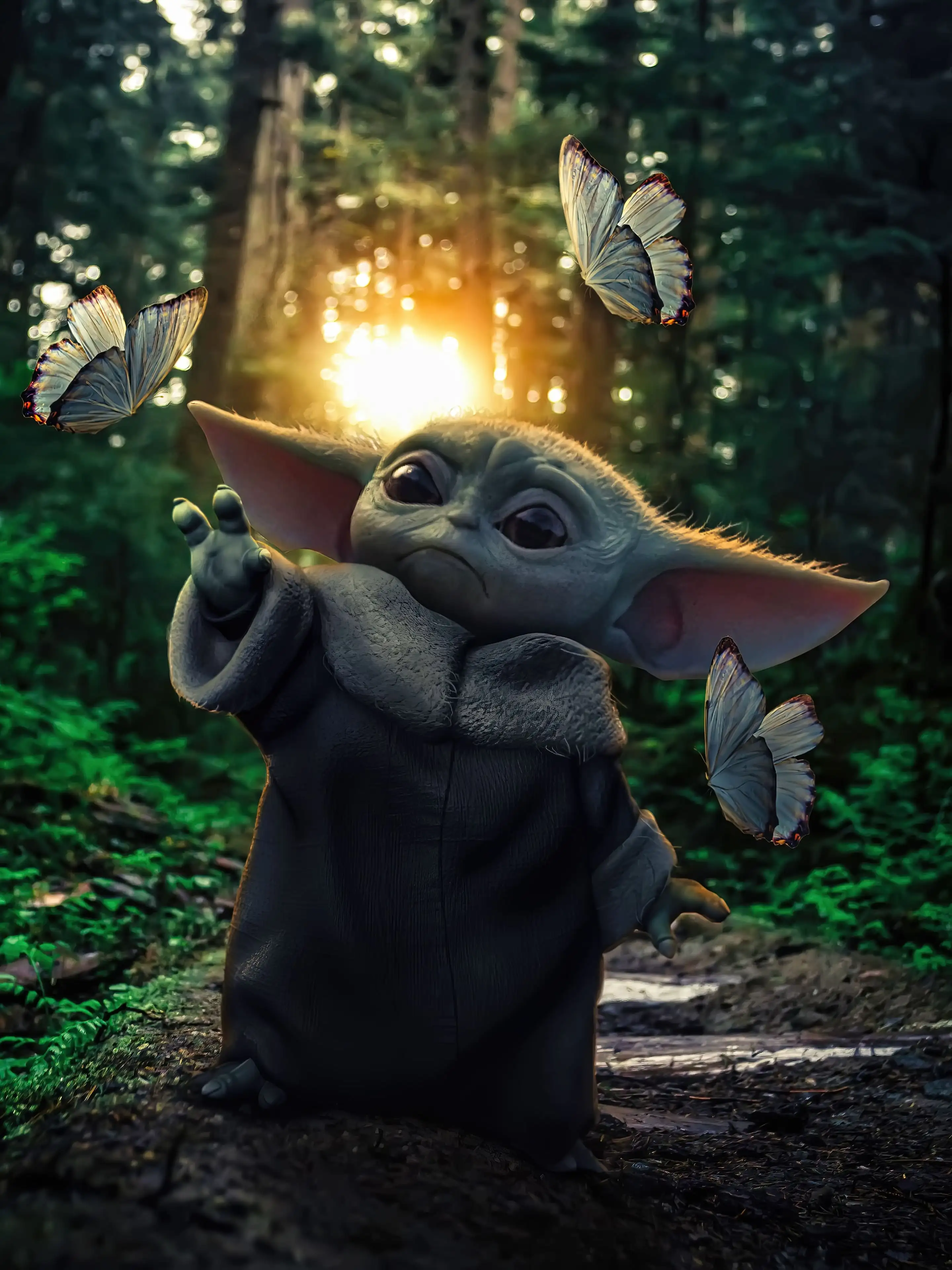Grogu, Schmetterlinge, Wald, Leuchtende Kugel, Fantasy, QHD+, Hintergrundbild fürs Tablet