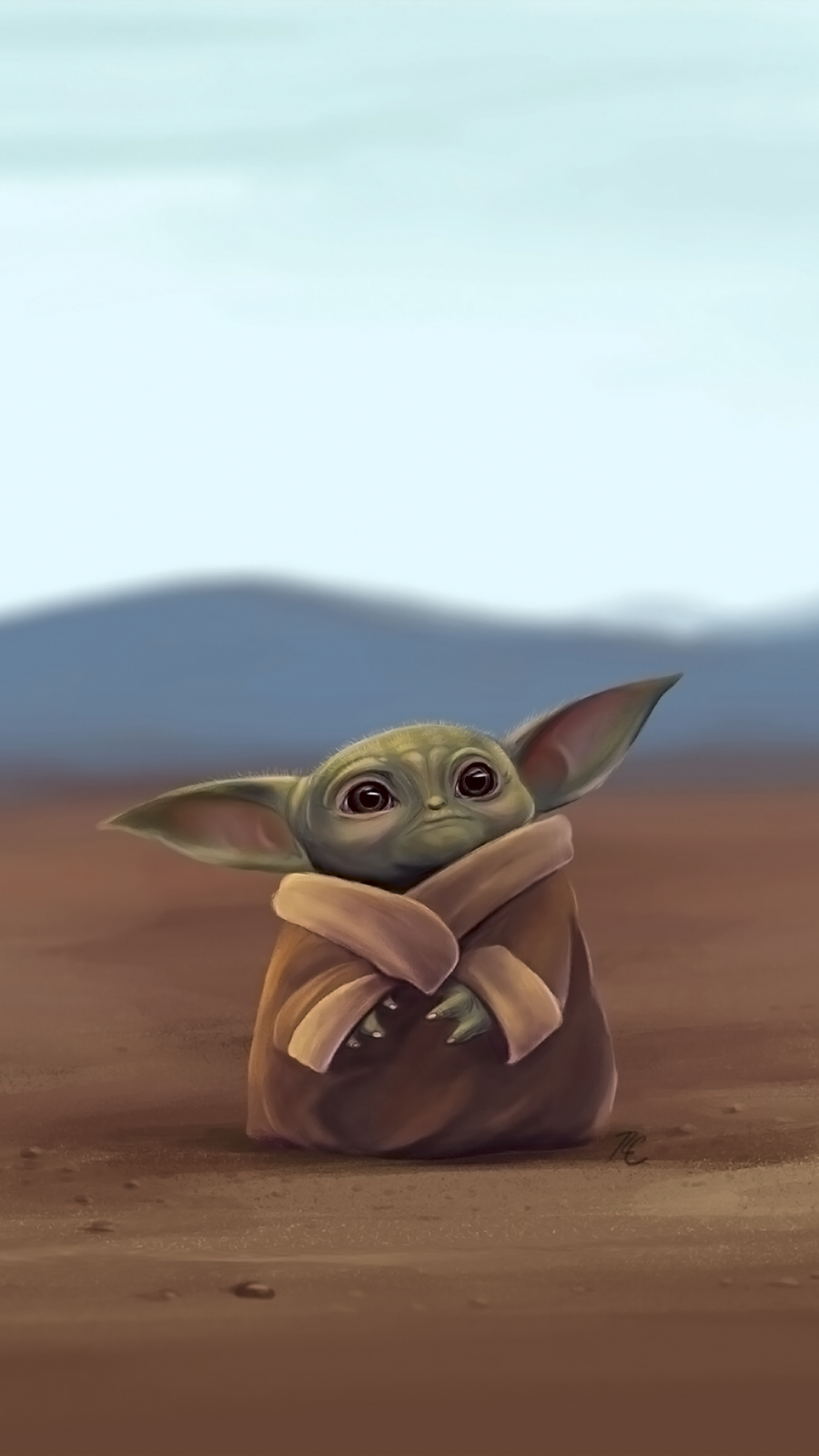Grogu, Wüste, Blauer Himmel, Illustration, Niedlich, HD, Sperrbildschirm fürs iPhone