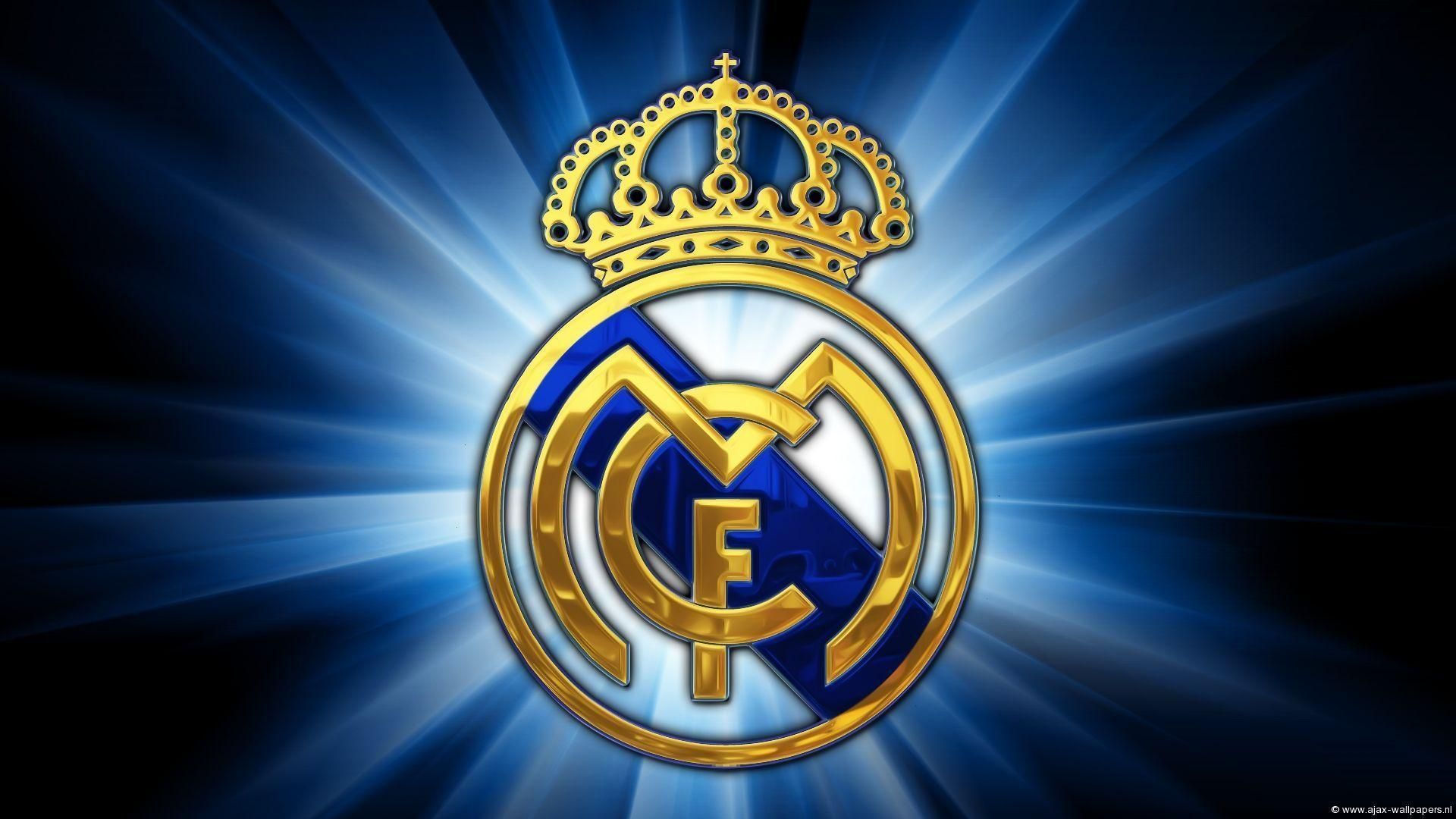 Real Madrid, Goldenes Wappen, Blaue Lichtstrahlen, Full HD, Desktop-Hintergrund für Windows
