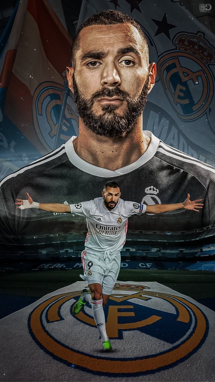Karim Benzema, Real Madrid, Fußballspieler, Wappen, Digitale Kunst, Android-Hintergrundbild
