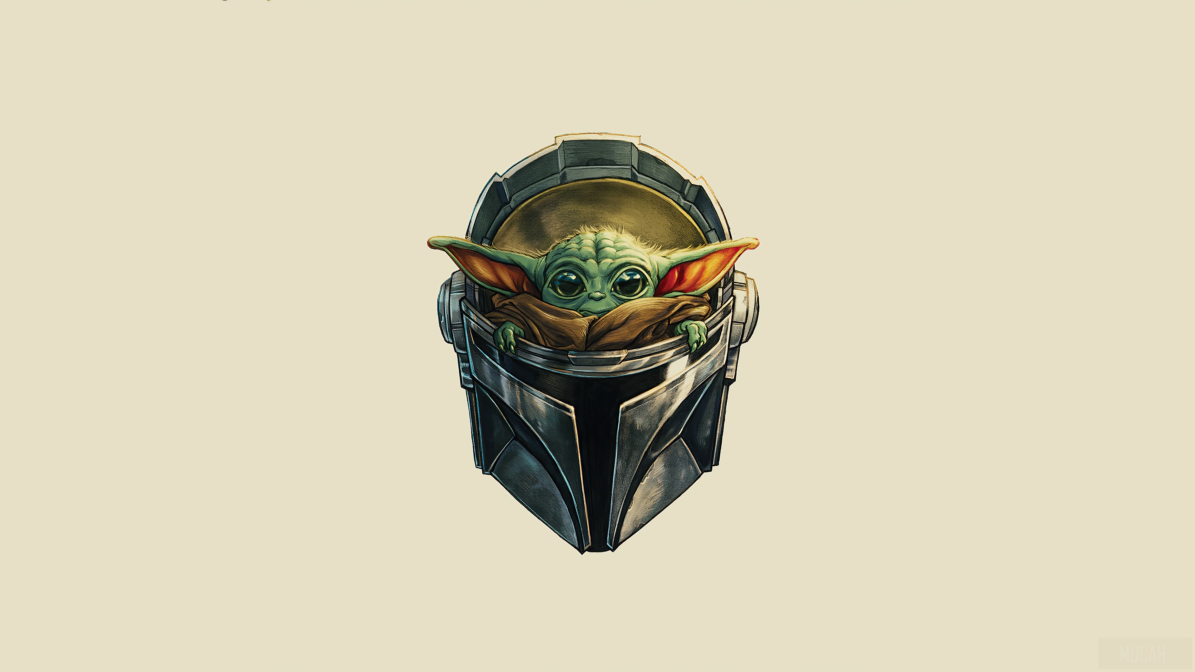 Grogu, Mandalorianer-Helm, Illustration, Beige, Minimalismus, 3840x2160, Desktop-Hintergrund