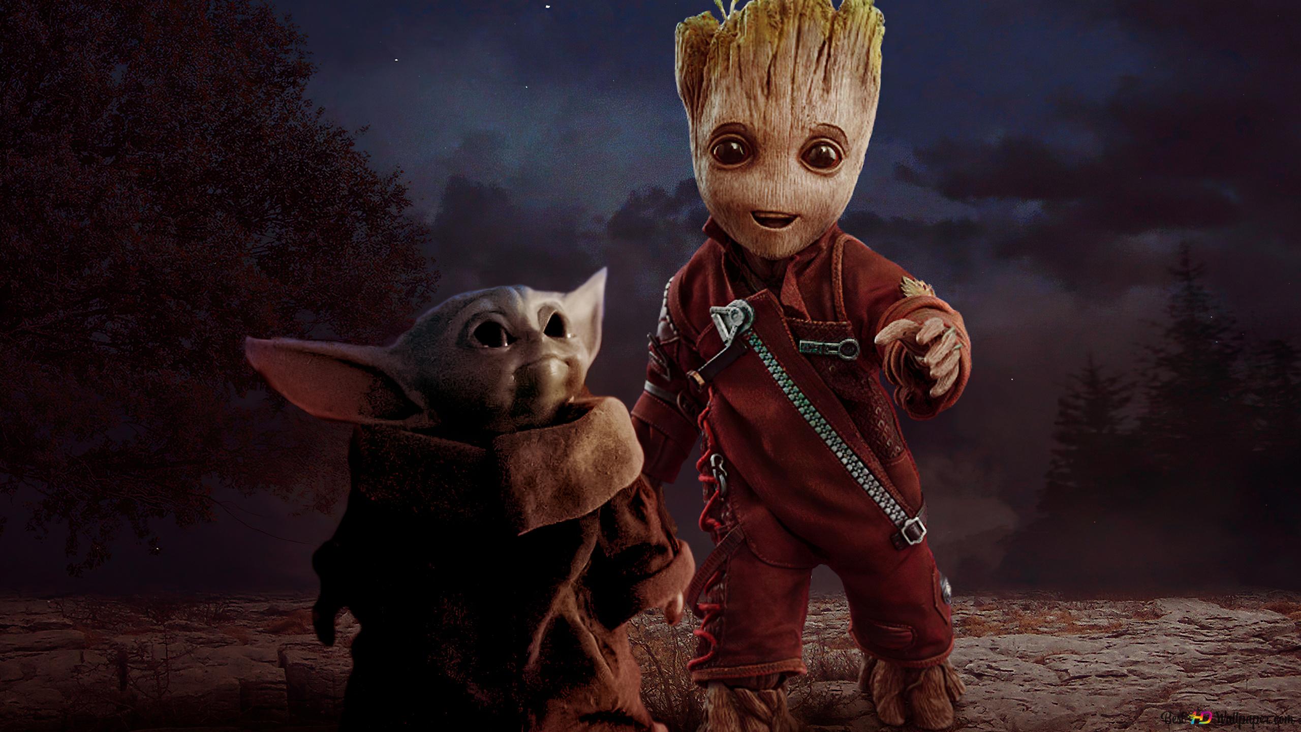 Grogu, Baby Groot, Guardians of the Galaxy, Crossover, Nacht, 2K-Hintergrundbild für PC