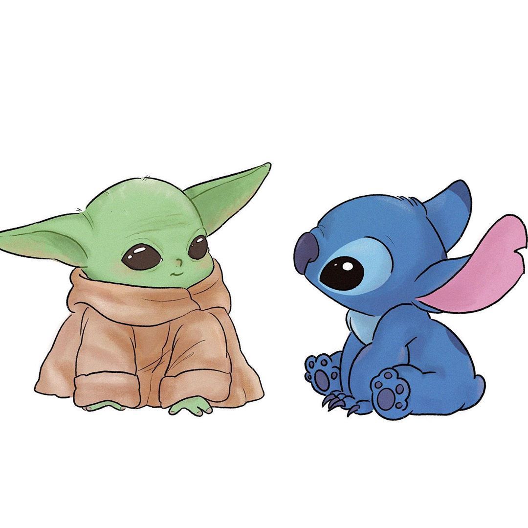 Grogu, Stitch, Lilo & Stitch, Crossover, Weißer Hintergrund, Wallpaper