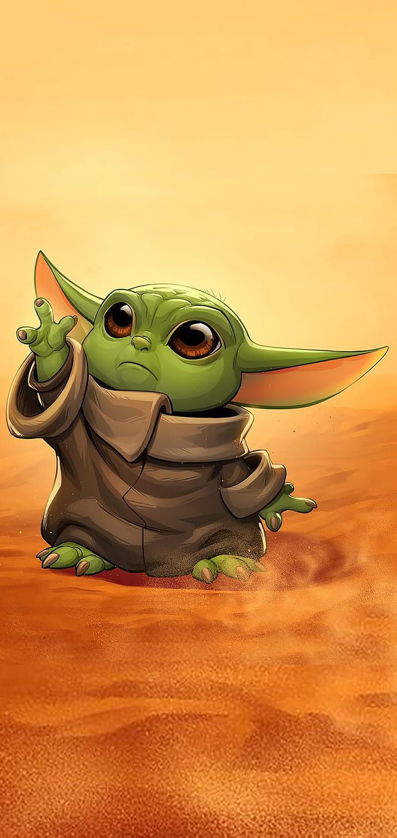Grogu, Wüste, Orange, Winken, Illustration, HD, Handy-Hintergrund im Hochformat
