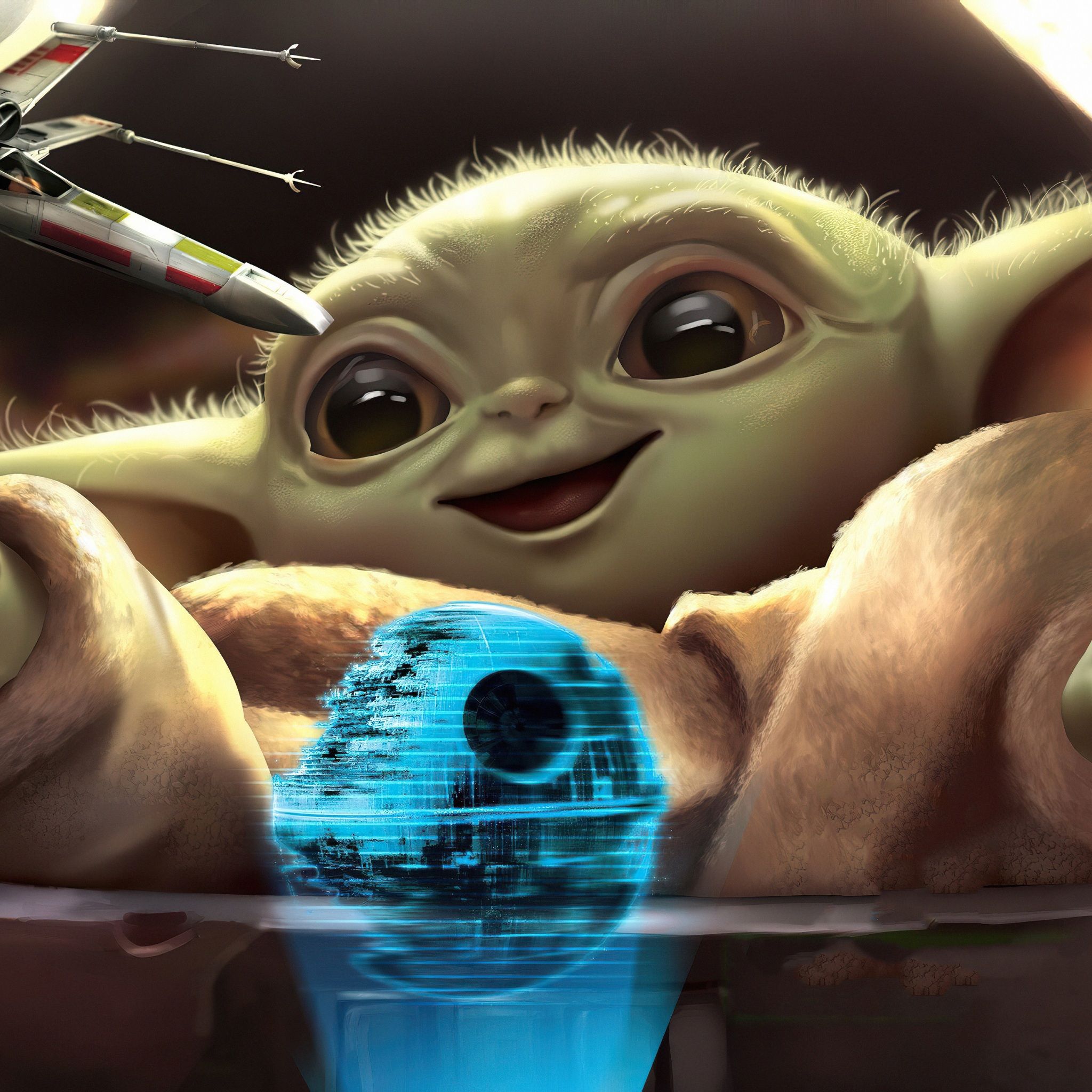 Grogu, Todesstern, Hologramm, X-Wing, Star Wars, Full HD, Hintergrundbild fürs Tablet
