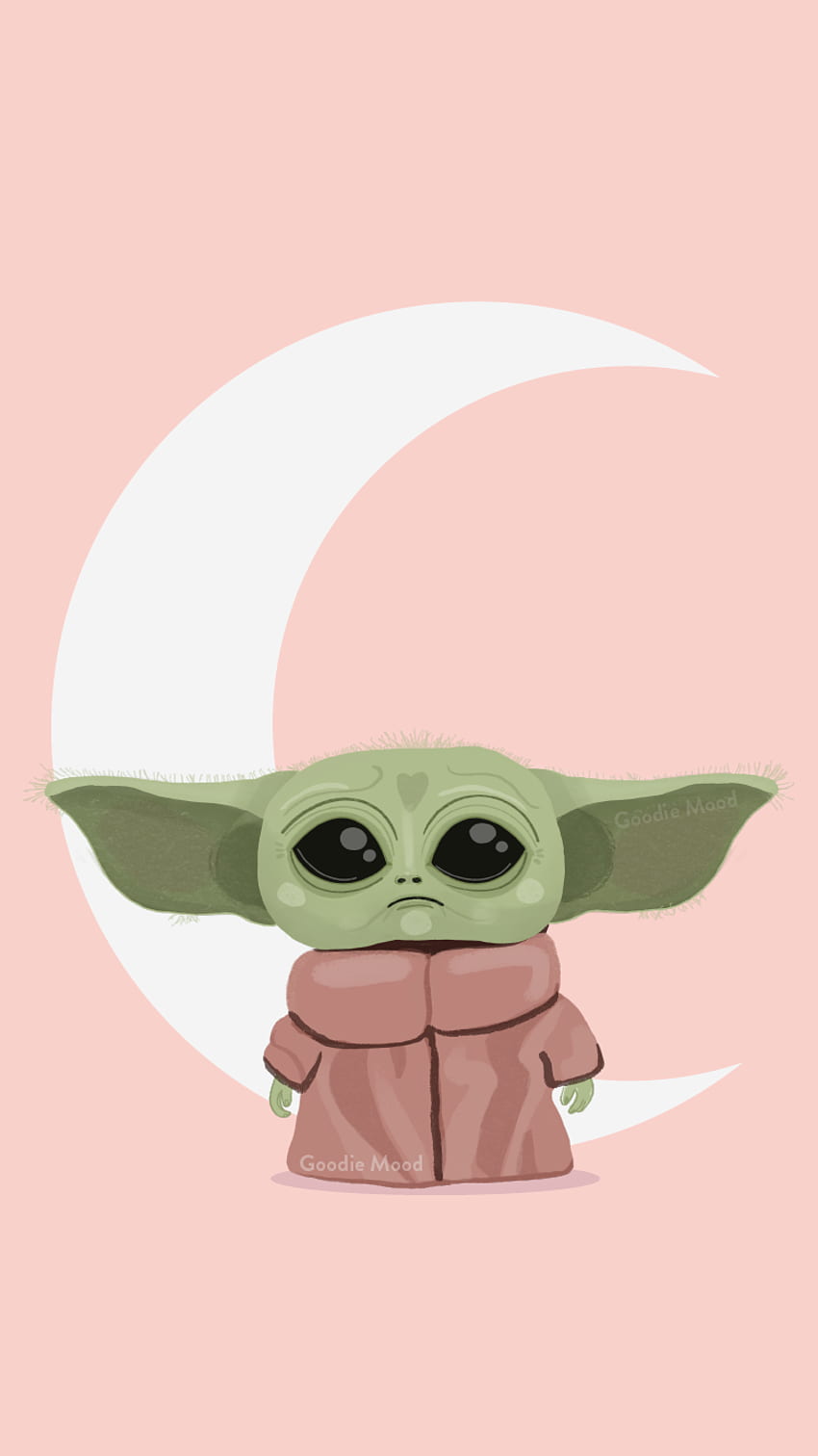 Grogu, Mondsichel, Rosa Hintergrund, Illustration, Niedlich, Sperrbildschirm fürs iPhone