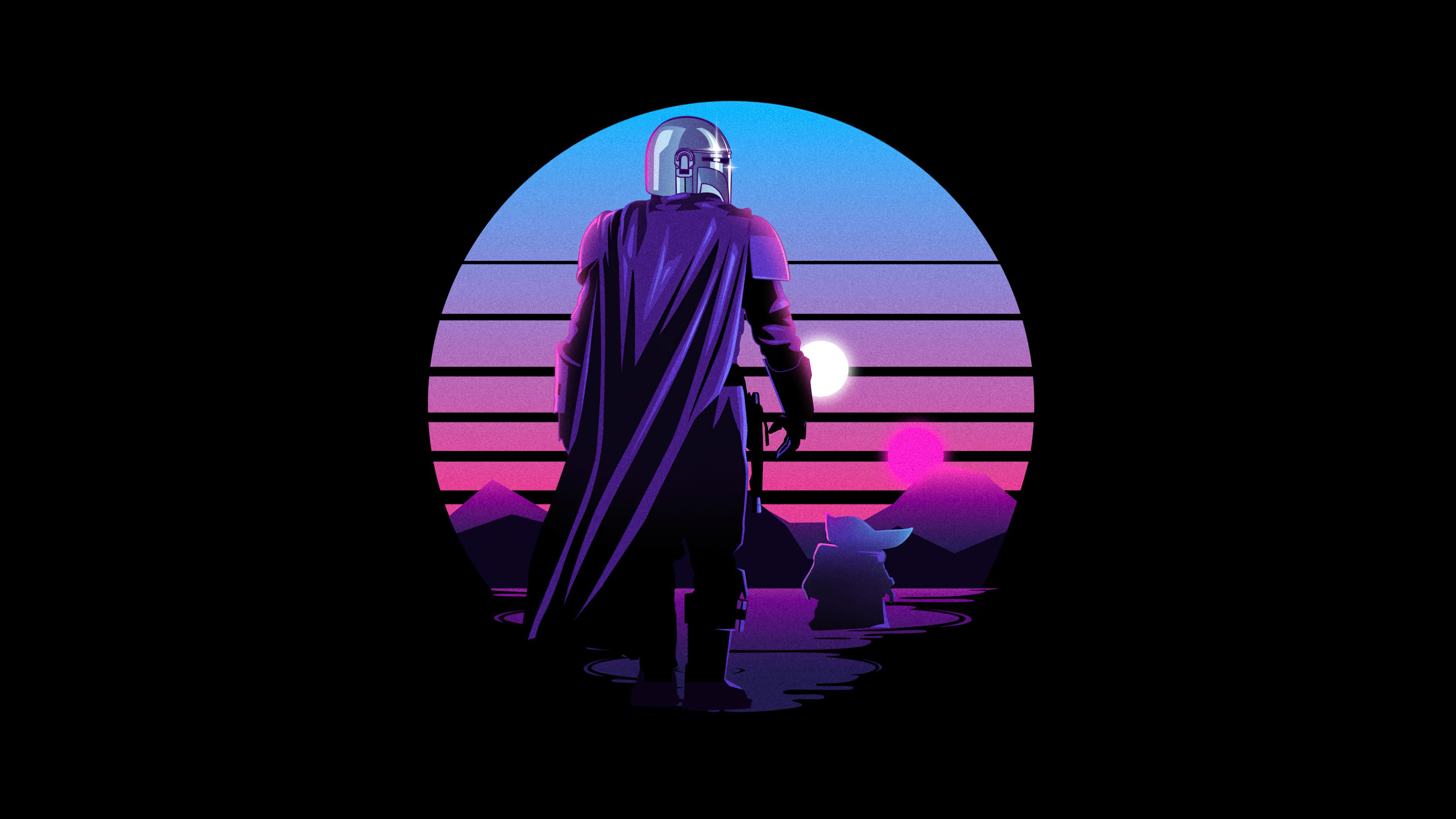 Der Mandalorianer, Grogu, Synthwave, Retro-Sonne, Silhouette, 4K, Desktop-Hintergrund