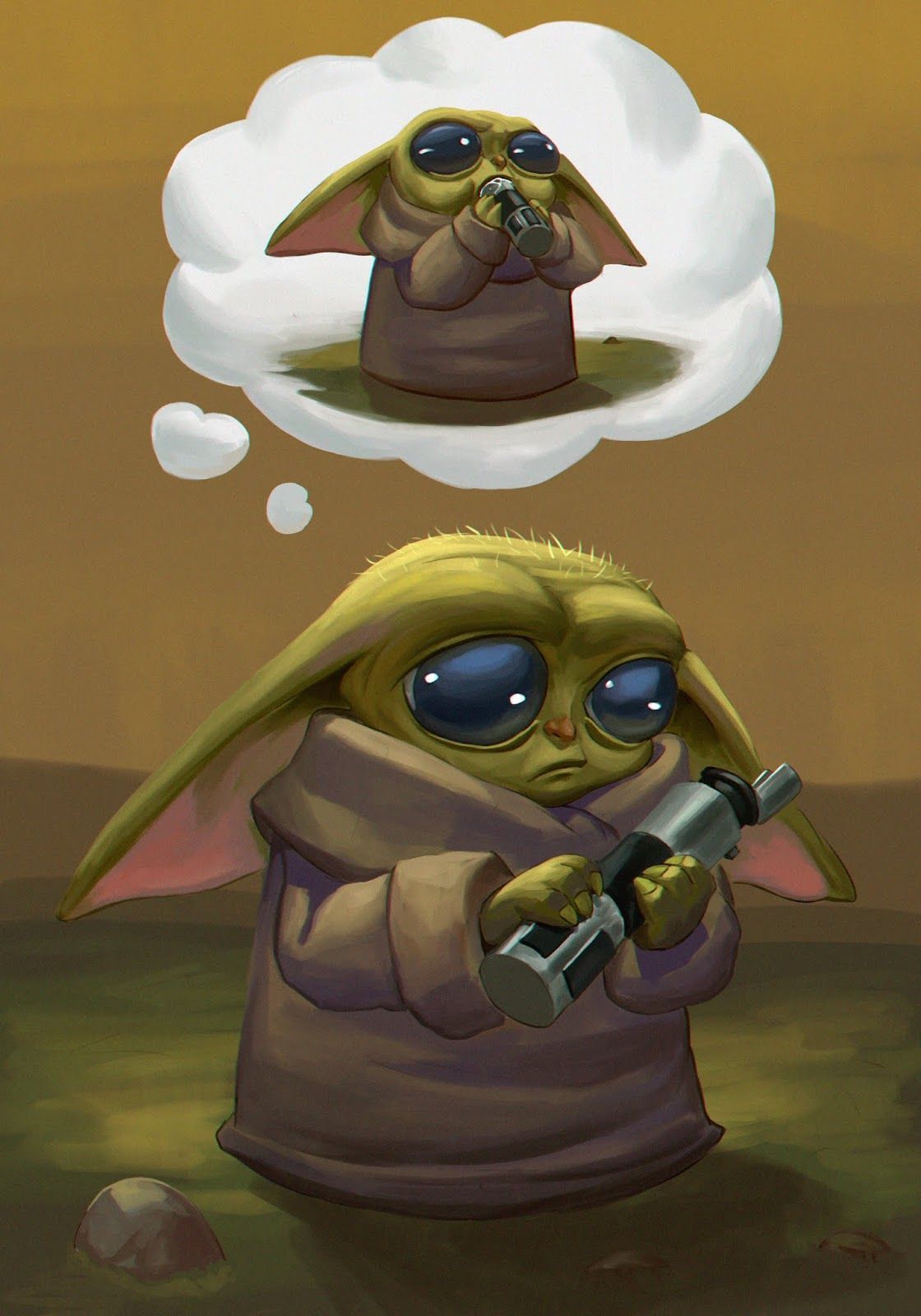 Grogu, Lichtschwert, Gedankenblase, Illustration, Gelb, Full HD, iPad-Hintergrundbild