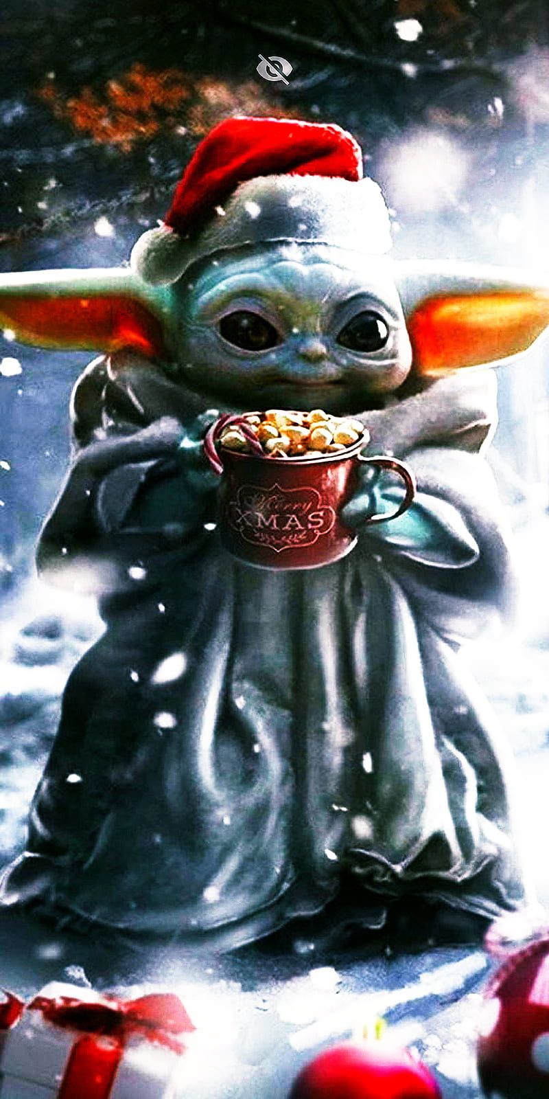 Grogu, Weihnachtsmütze, Schnee, Tasse, Weihnachten, HD, Handy-Hintergrund im Hochformat