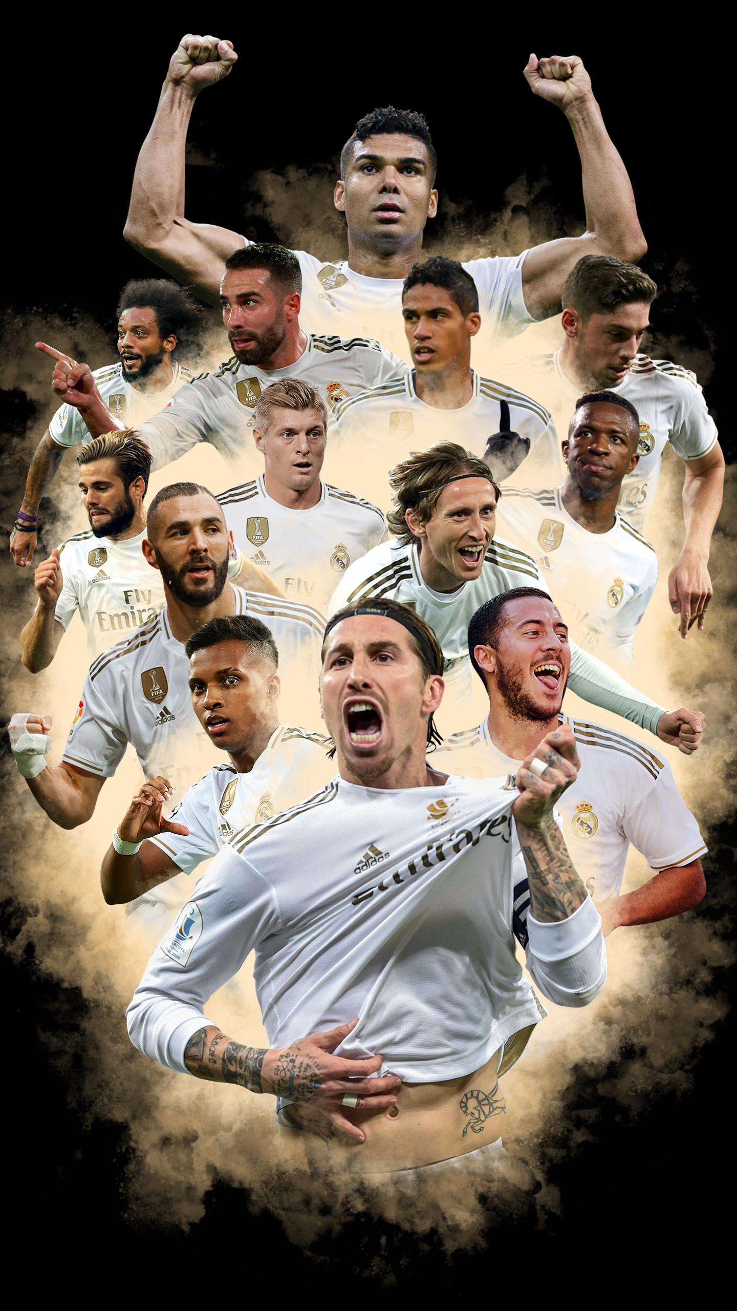 Real Madrid, Mannschaft, Siegesfeier, Collage, QHD+, Handy-Hintergrund im Hochformat