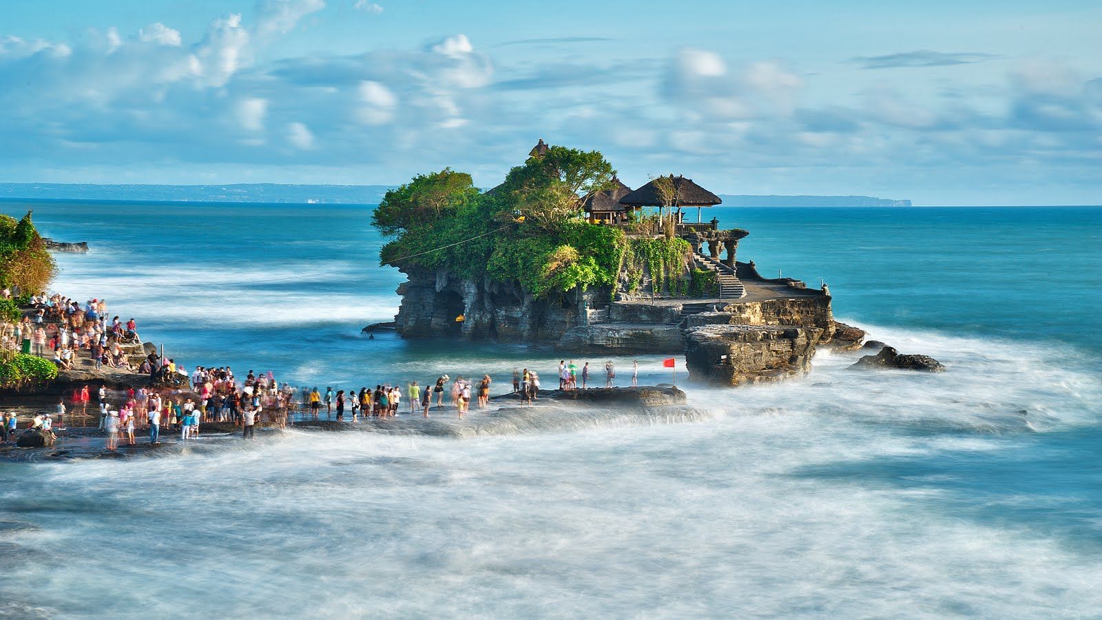 Tanah Lot, Pura Tanah Lot, Bali, Meerestempel, Touristen, Brandung, Langzeitbelichtung, HD-Desktop-Hintergrund