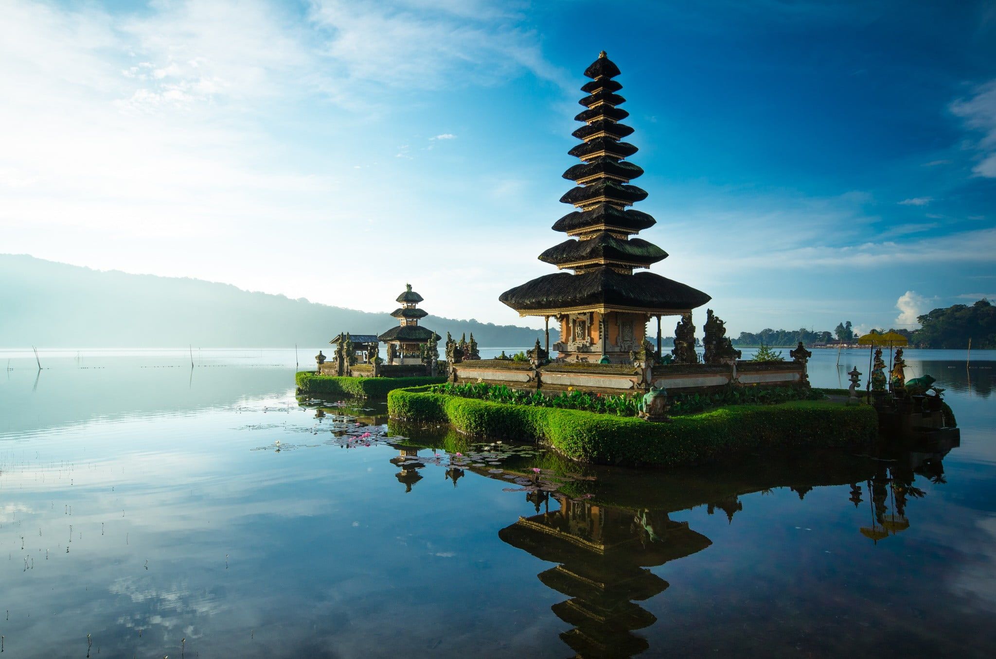 Pura Ulun Danu Bratan, Bali, Tempel, See, Spiegelung, Morgenlicht, Full HD, PC-Hintergrundbild