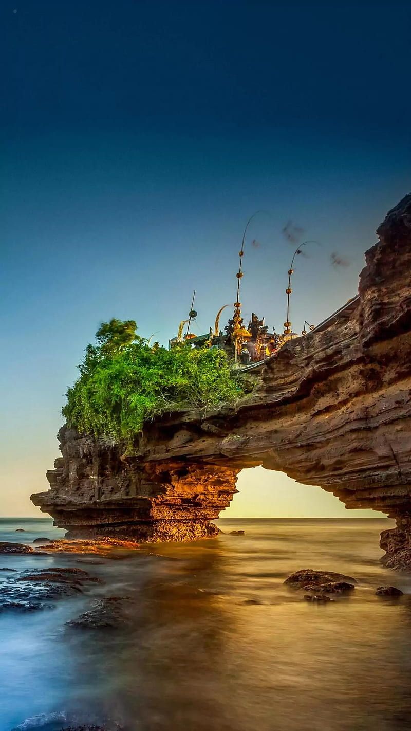 Batu Bolong, Bali, Felsbogen, Tempel, Meer, Sonnenuntergang, HD, Handy-Hintergrundbild