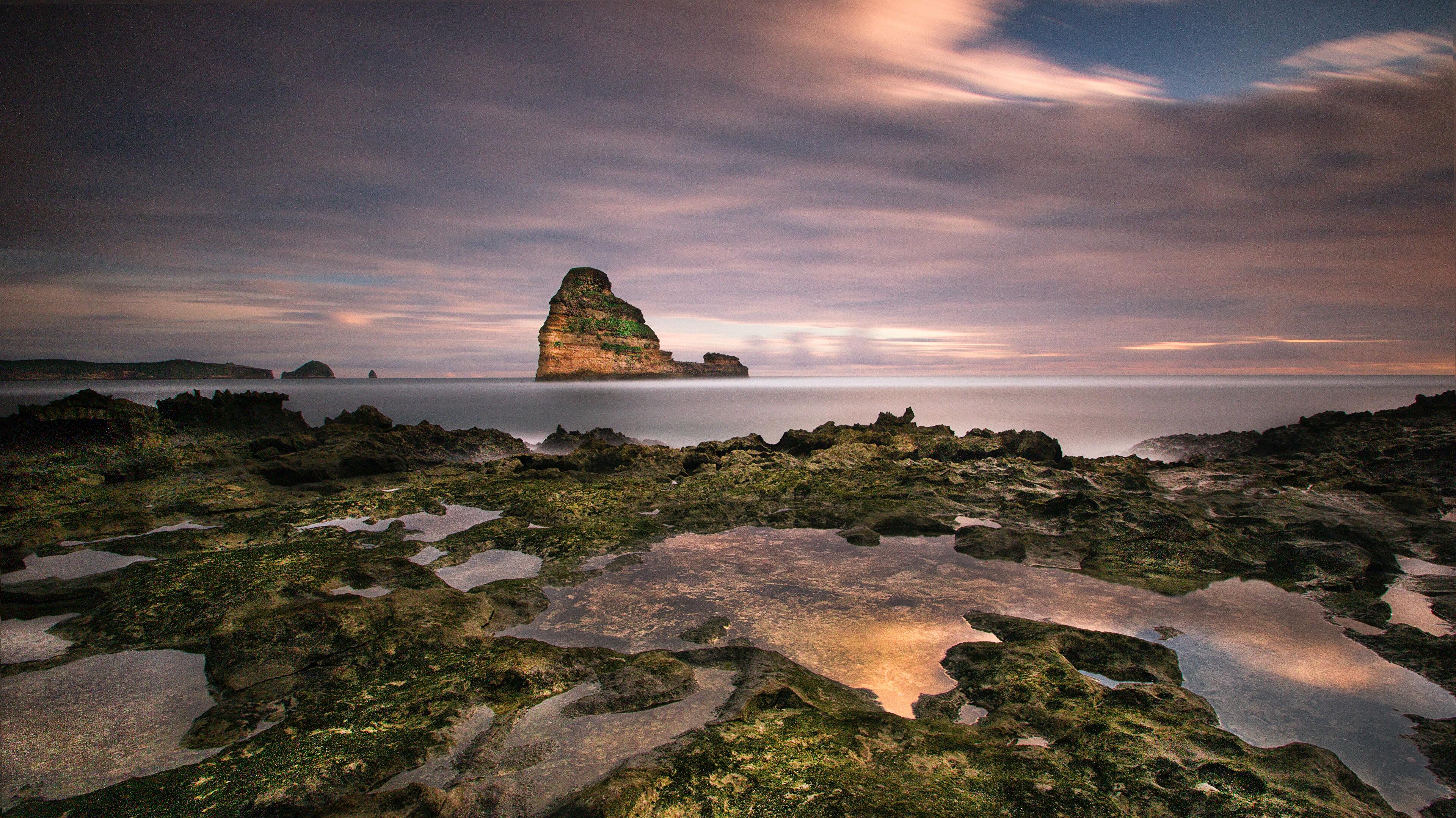 Bali, Felsküste, Ebbe, Felsen im Meer, Langzeitbelichtung, Abenddämmerung, 4K, Laptop-Hintergrundbild