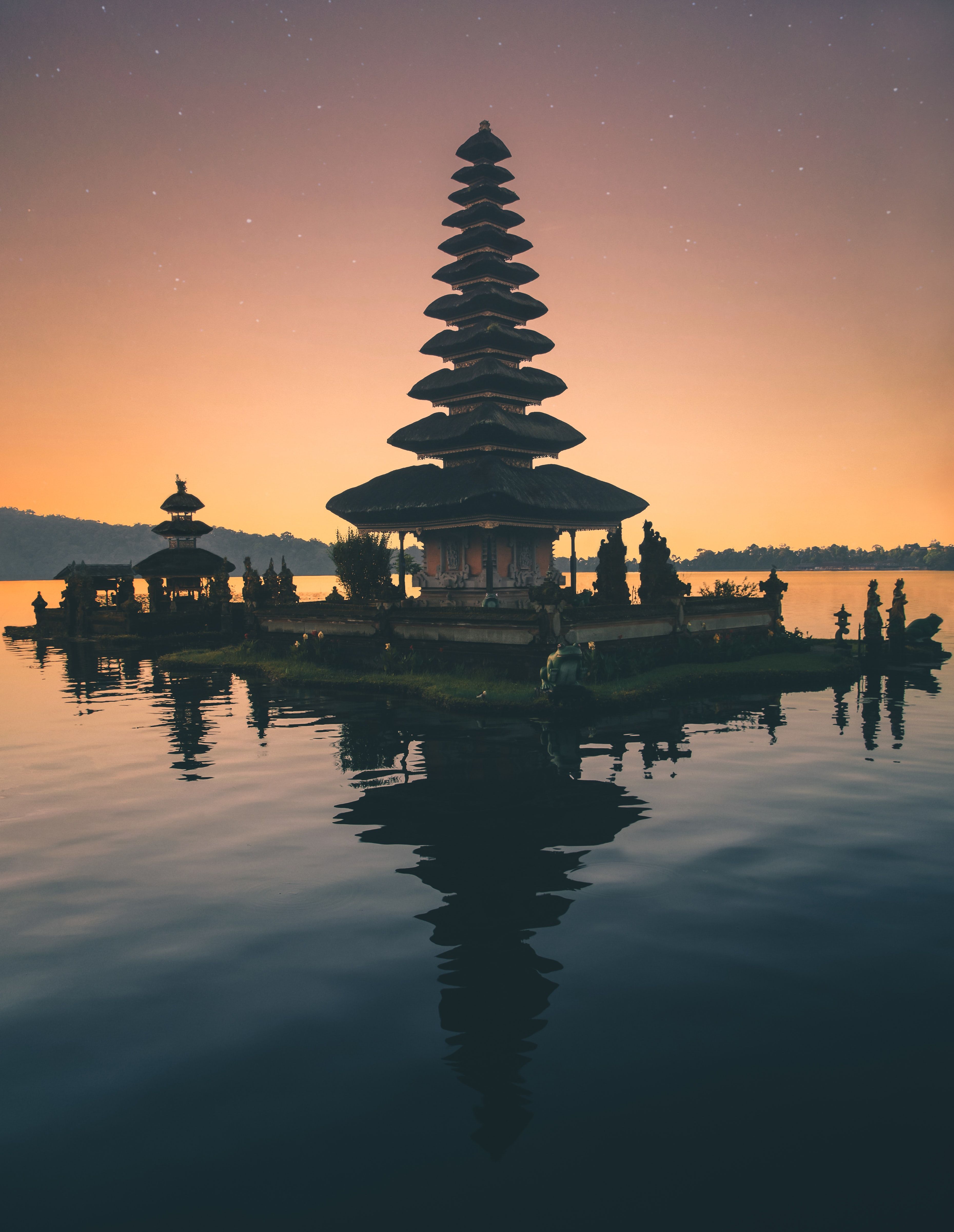 Pura Ulun Danu Bratan, Bali, Tempel, Silhouette, Spiegelung, Sonnenuntergang, Tablet-Hintergrund