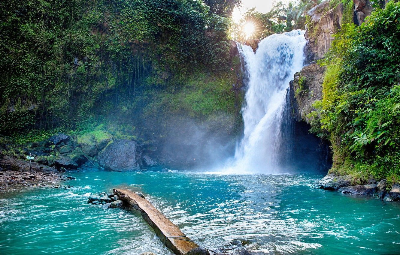 Bali, Wasserfall, Dschungel, Türkisblaues Wasser, Felsen, HD-Hintergrundbild für PC