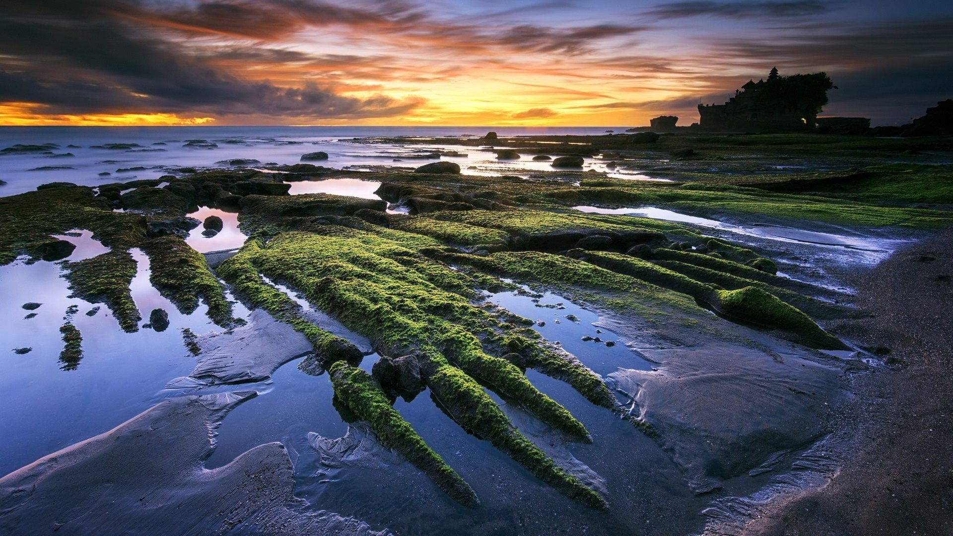 Bali, Ebbe, Moosbewachsene Felsen, Küste, Sonnenuntergang, Langzeitbelichtung, Full-HD-Hintergrundbild