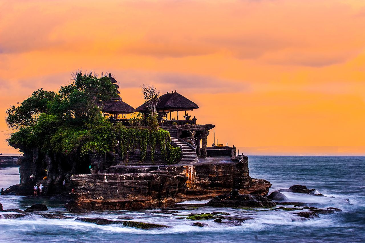 Tanah Lot, Bali, Meerestempel, Oranger Himmel, Sonnenuntergang, Felsinsel, HD, Laptop-Hintergrundbild