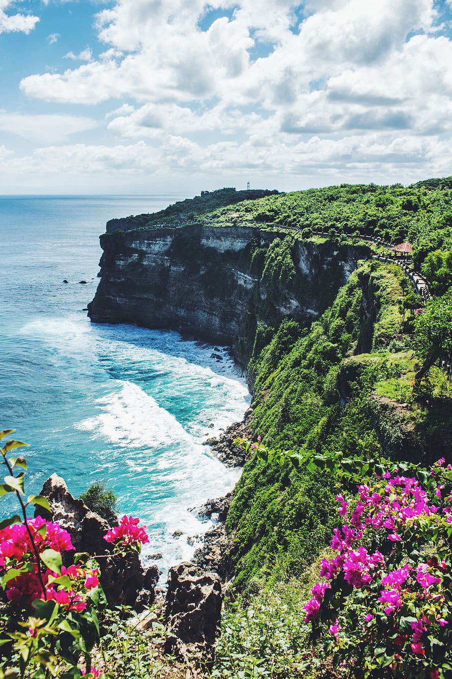 Bali, Klippen, Küste, Bougainvillea, Ozean, Wolken, HD, Sperrbildschirm fürs iPhone