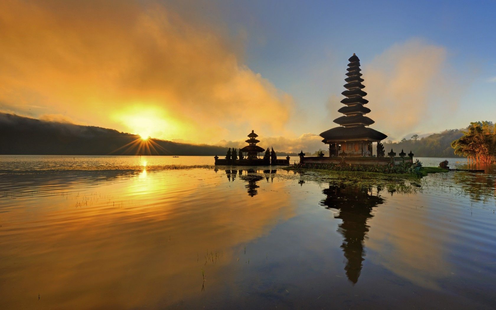 Pura Ulun Danu Bratan, Bali, Tempel, Sonnenaufgang, Spiegelung, See, HD, MacBook-Hintergrundbild