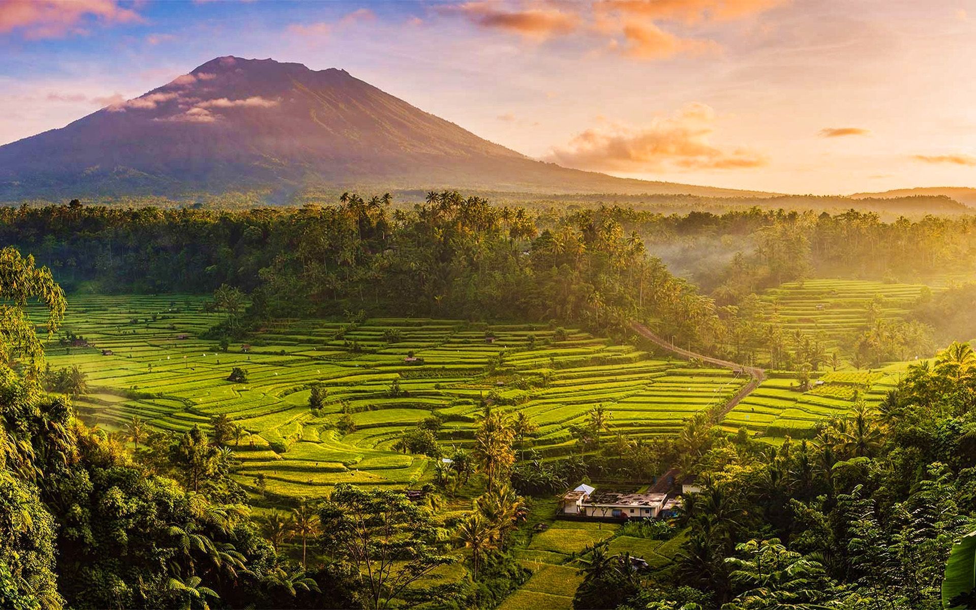 Agung, Bali, Vulkan, Reisterrassen, Sonnenaufgang, Landschaft, Full HD, MacBook-Hintergrundbild