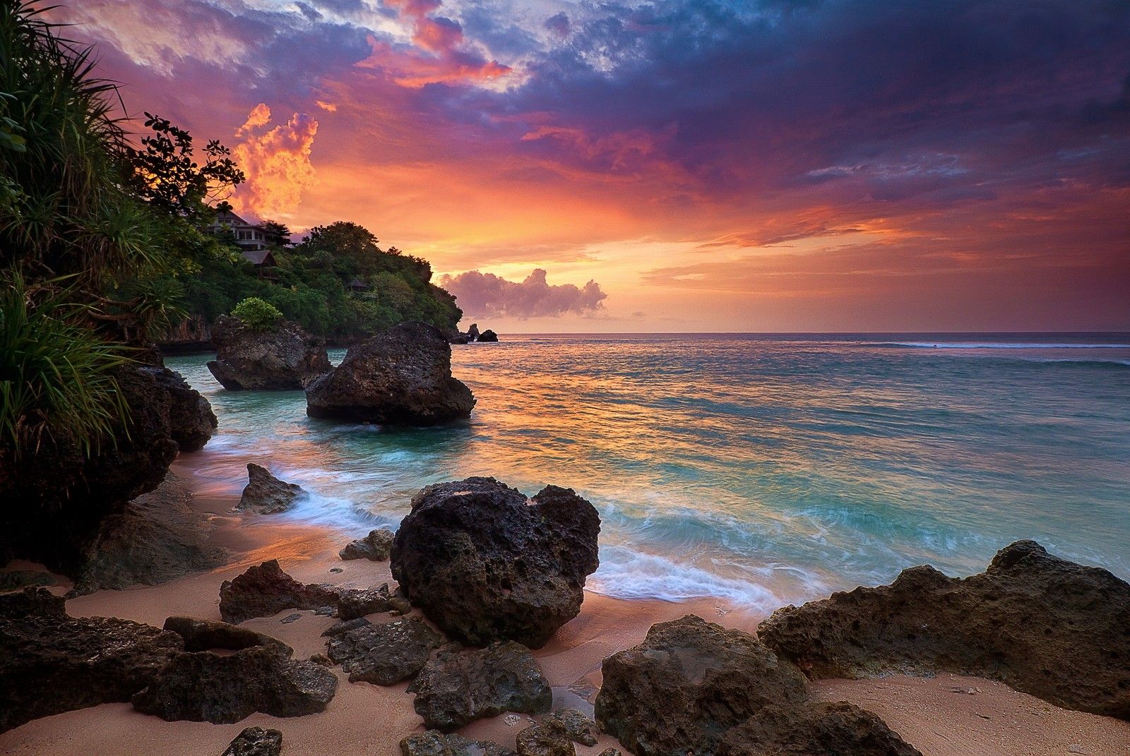 Bali, Felsenstrand, Sonnenuntergang, Bunter Himmel, Meer, HD, Desktop-Hintergrund