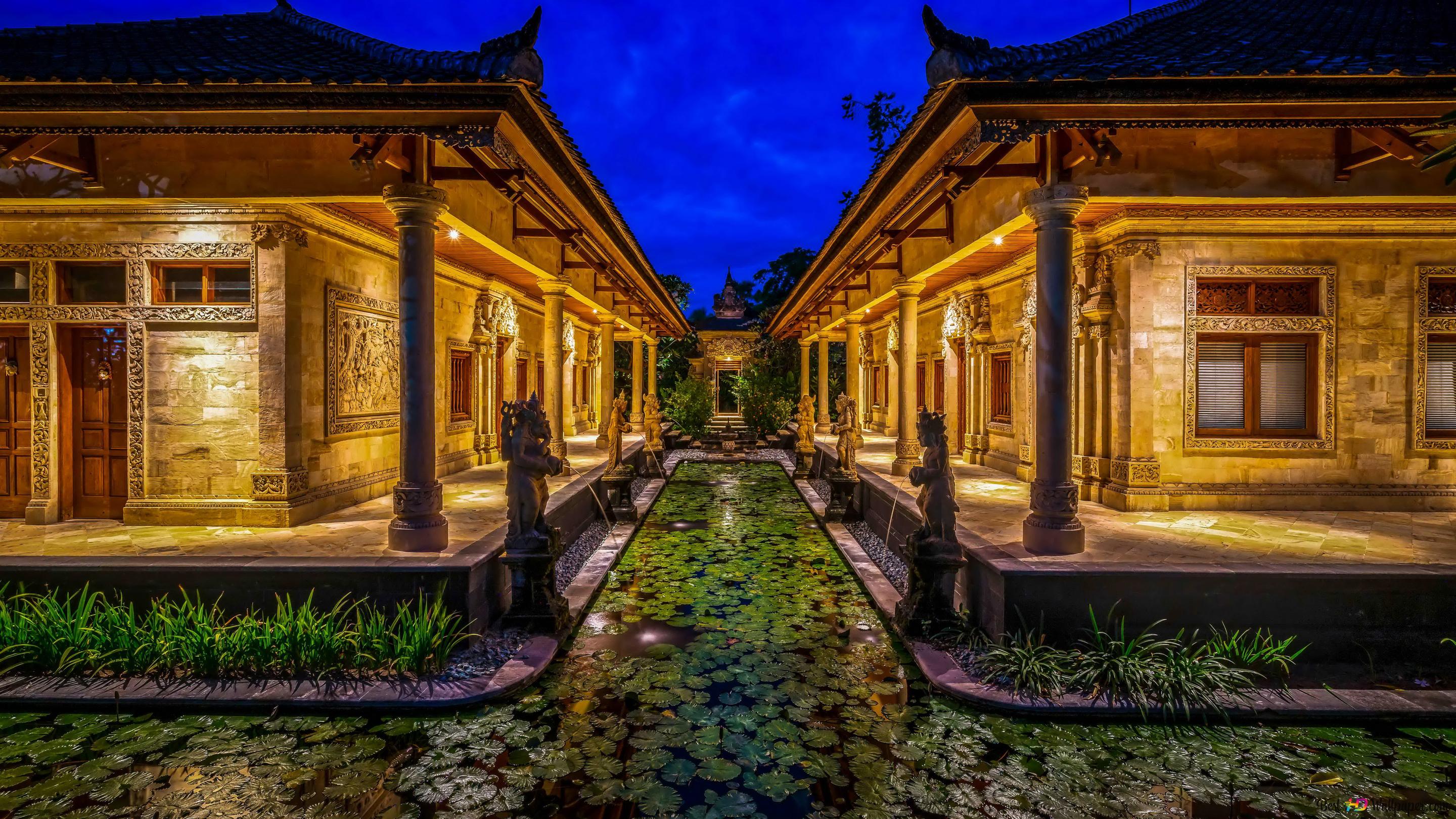 Bali, Balinesische Architektur, Innenhof, Seerosenteich, Blaue Stunde, Beleuchtung, 2K-Hintergrundbild
