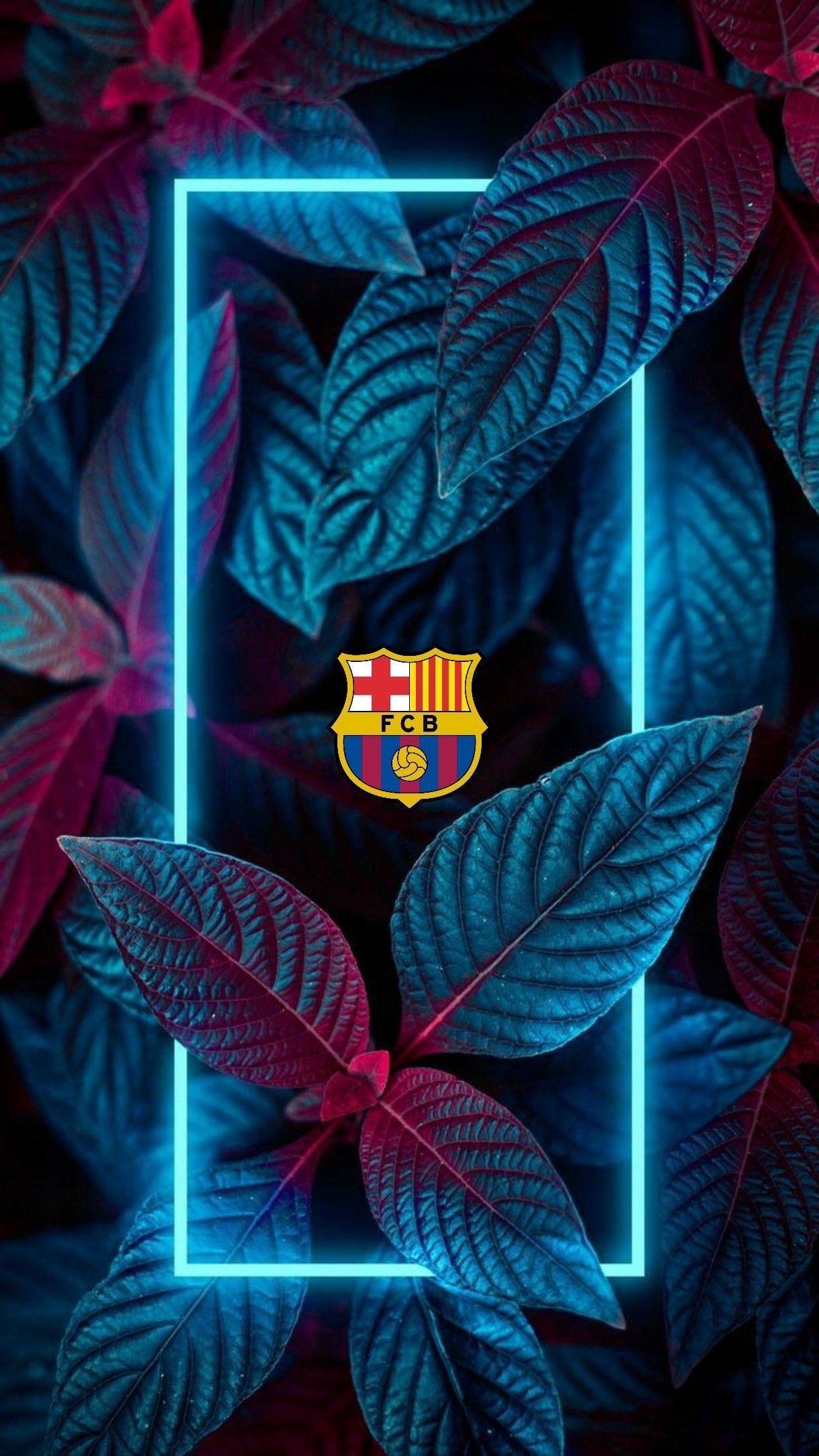 FC Barcelona, Logo, Tropenblätter, Neon-Rahmen, Dunkelblau, Full HD, Handy-Hintergrundbild