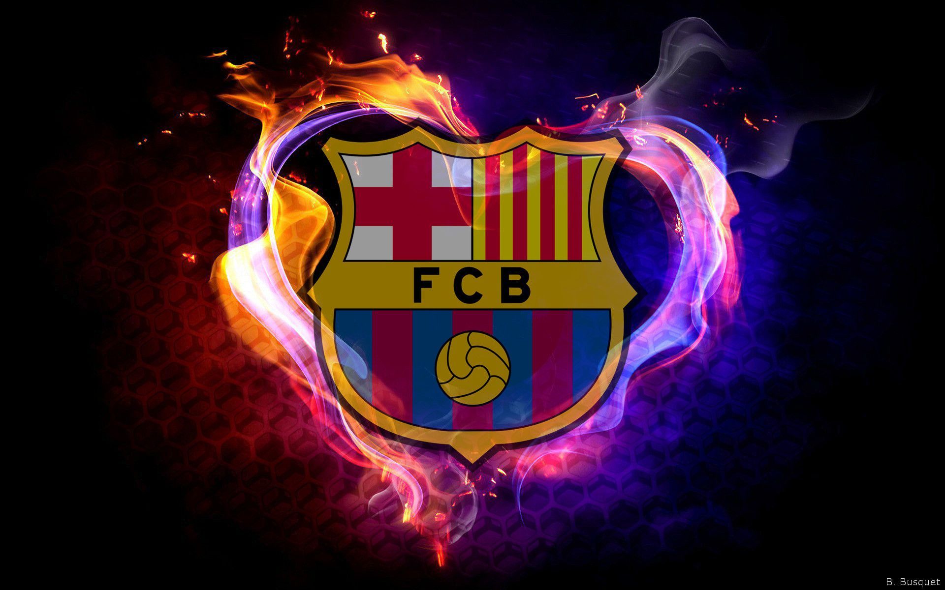 FC Barcelona, Wappen, Feuer, Neonflammen, Schwarzer Hintergrund, Full HD Wallpaper
