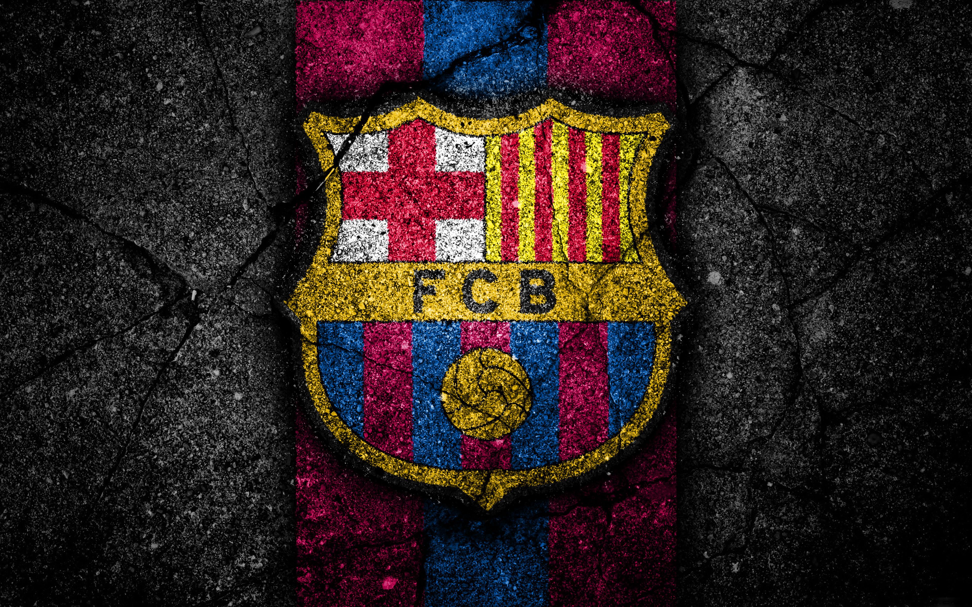FC Barcelona, Vereinswappen, Asphalt-Textur, Grunge, Dunkel, 4K, Windows-Hintergrundbild
