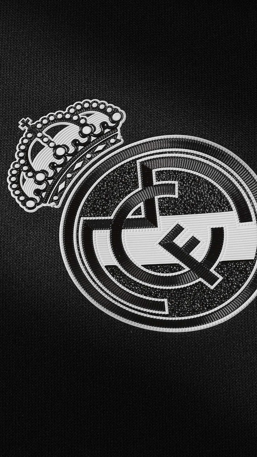 Real Madrid, Silbernes Wappen, Schwarz, Nahaufnahme, HD, Hintergrundbild fürs Handy