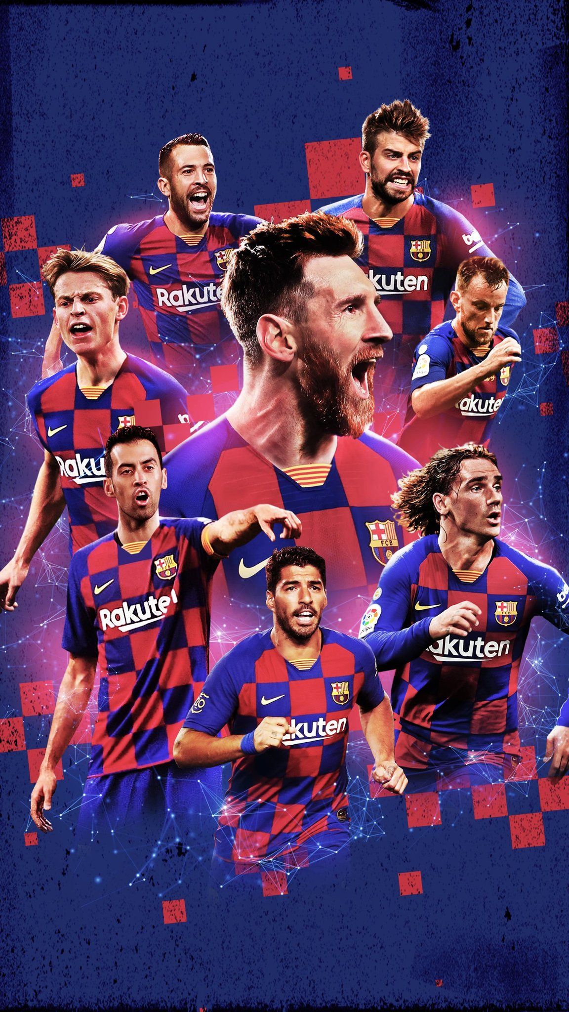 Lionel Messi, FC Barcelona, Mannschaft, Collage, Pixel-Effekt, Sperrbildschirm fürs iPhone