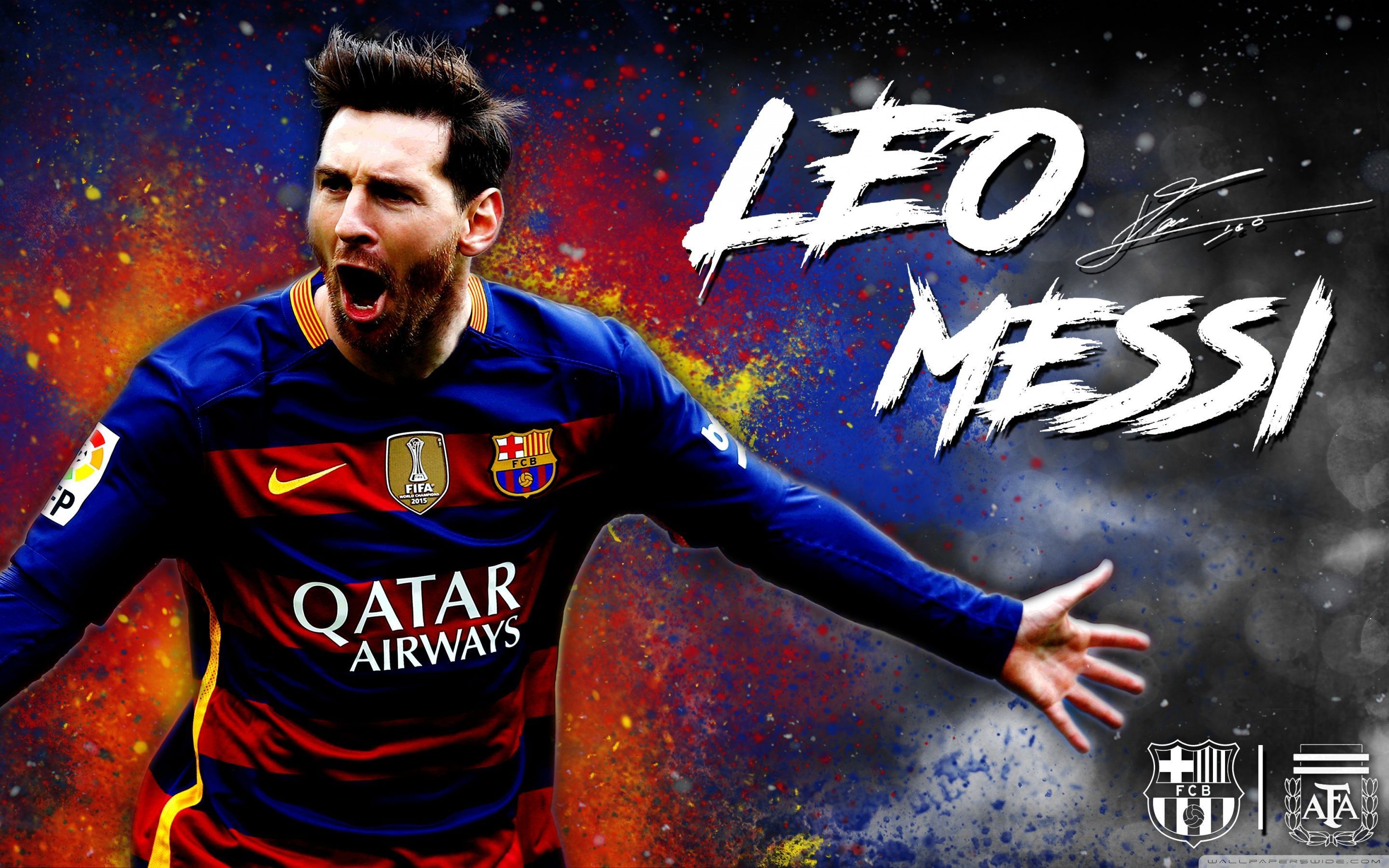 Lionel Messi, Leo Messi, FC Barcelona, Qatar Airways, Jubel, Farbspritzer, 2K, PC-Hintergrundbild