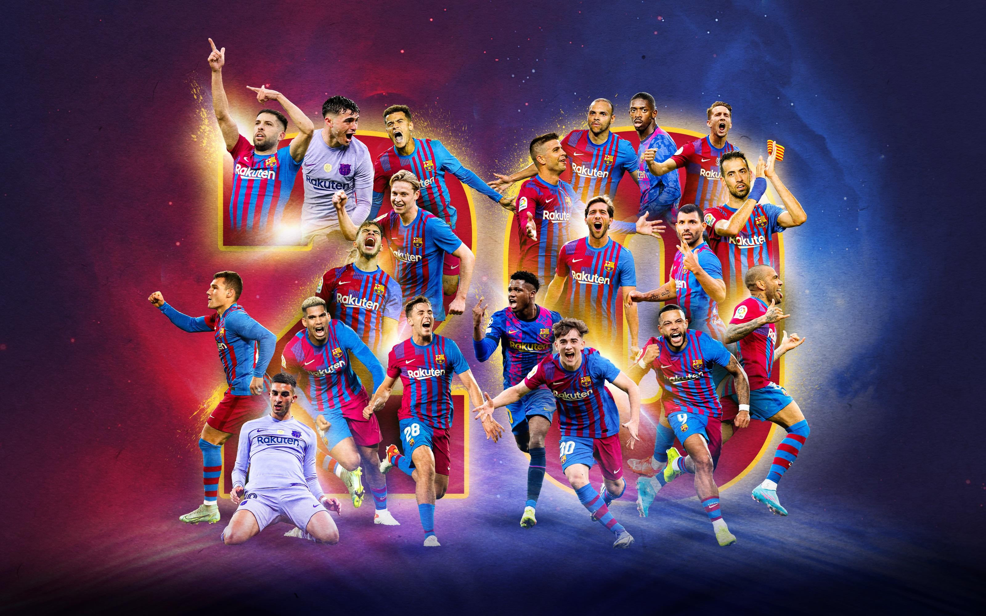 FC Barcelona, Mannschaft, Spieler, Collage, Lila Licht, 2K, Hintergrundbild für den PC